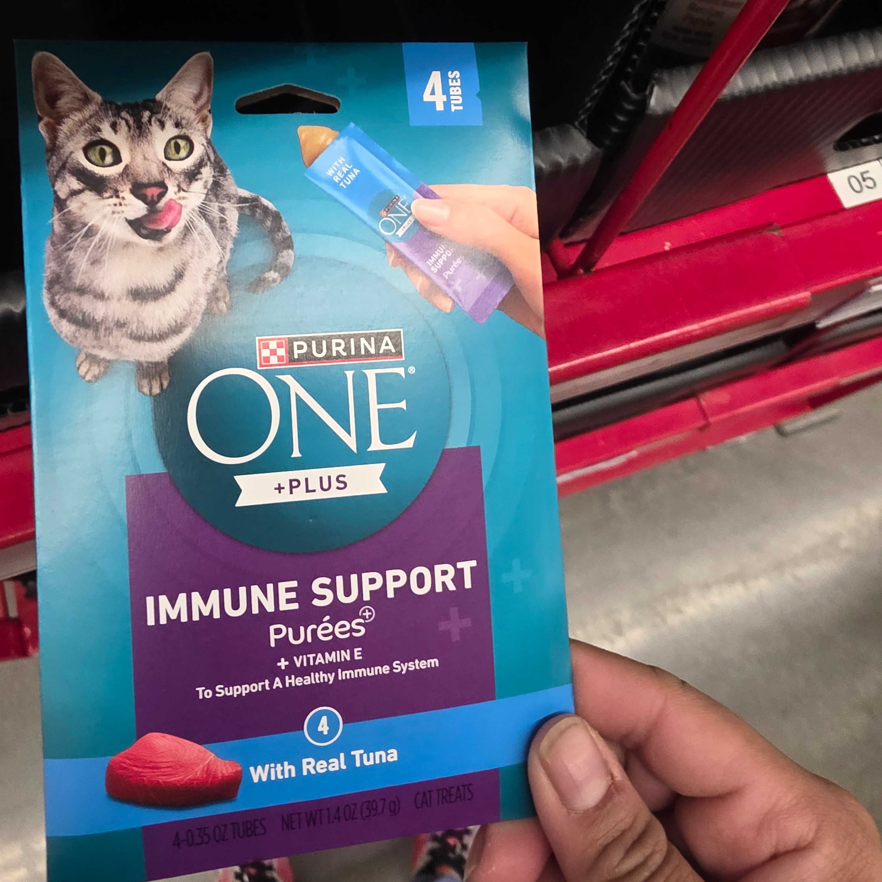 Purina ONE +Plus Immune Support Purées with Real Tuna, front of the package