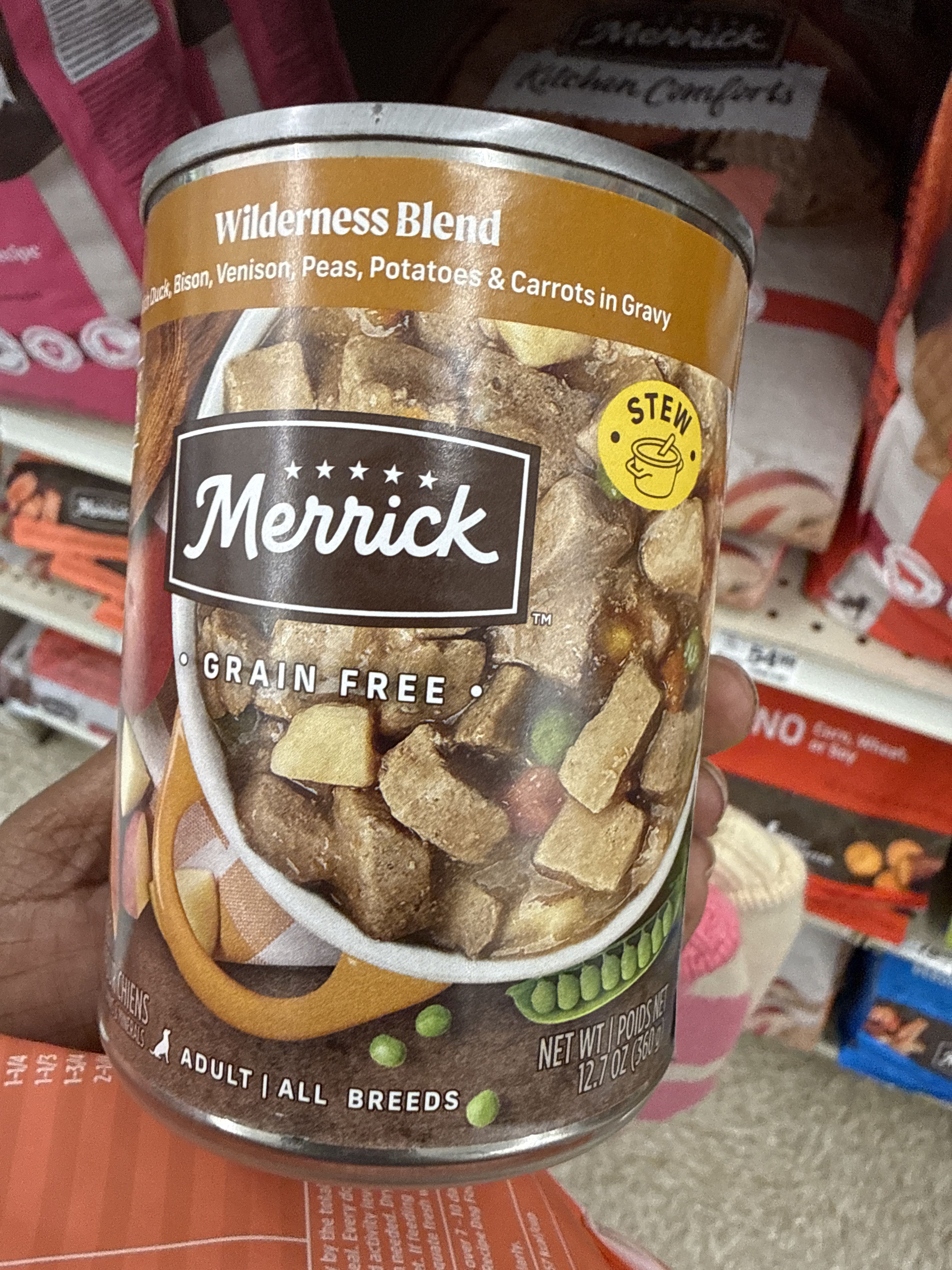 Merrick Wilderness Blend Duck, Bison, Venison, Peas, Potatoes & Carrots in Gravy Stew, front of the package
