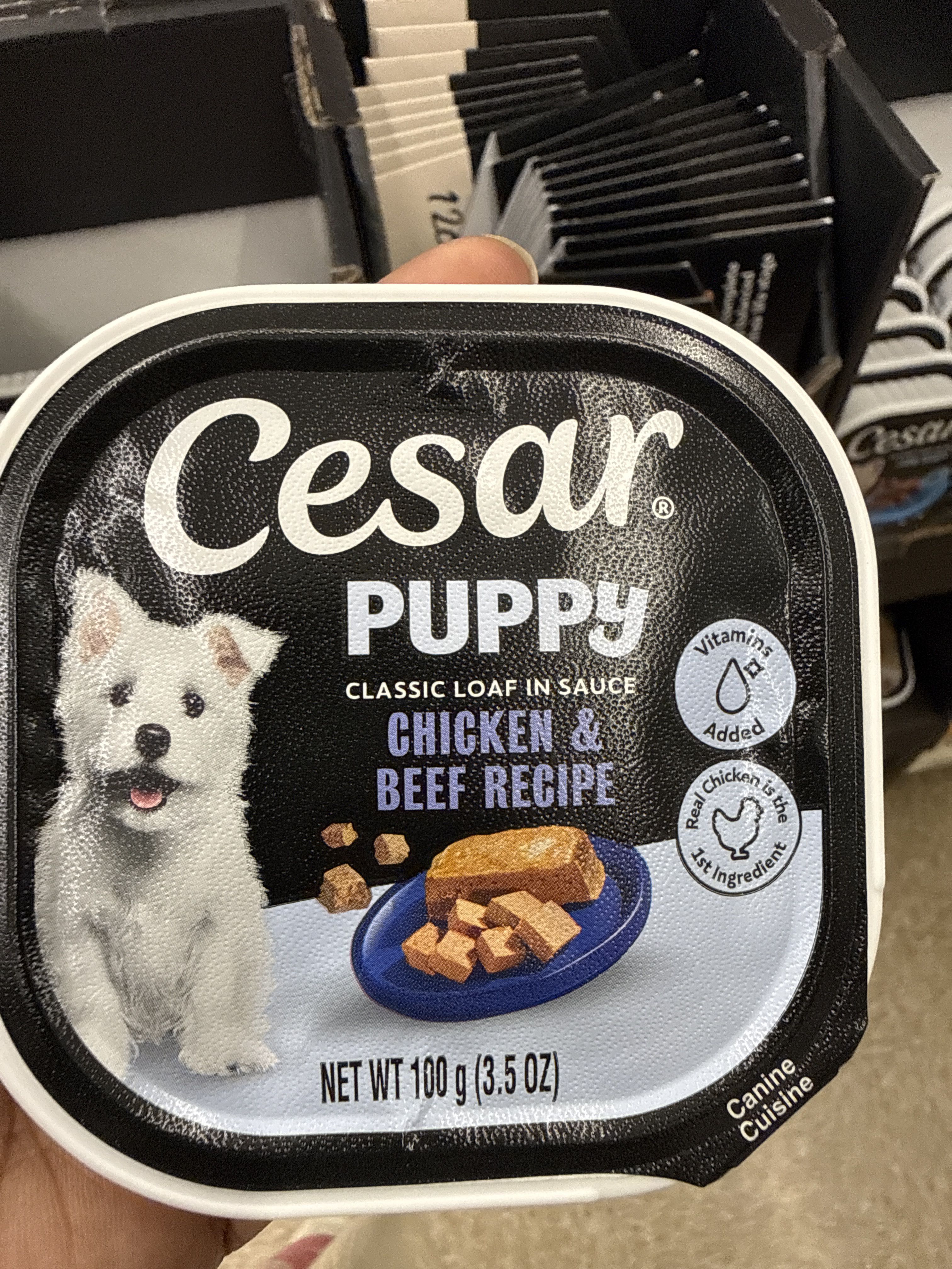 Cesar Puppy Classic Loaf in Sauce Chicken & Beef Recipe, front of the package