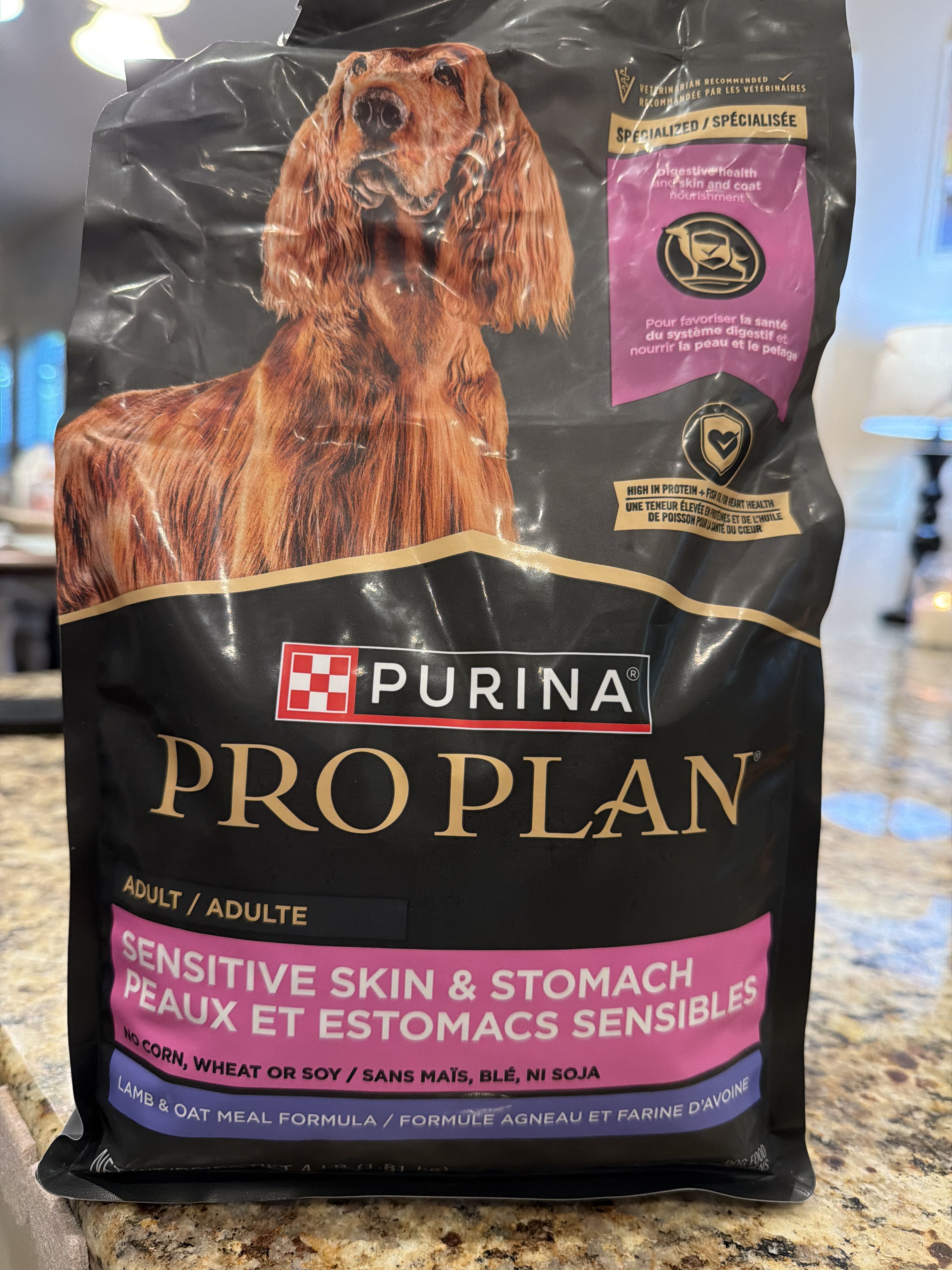 Purina Pro Plan Adult Sensitive Skin & Stomach Lamb & Oat Meal Formula, front of the package