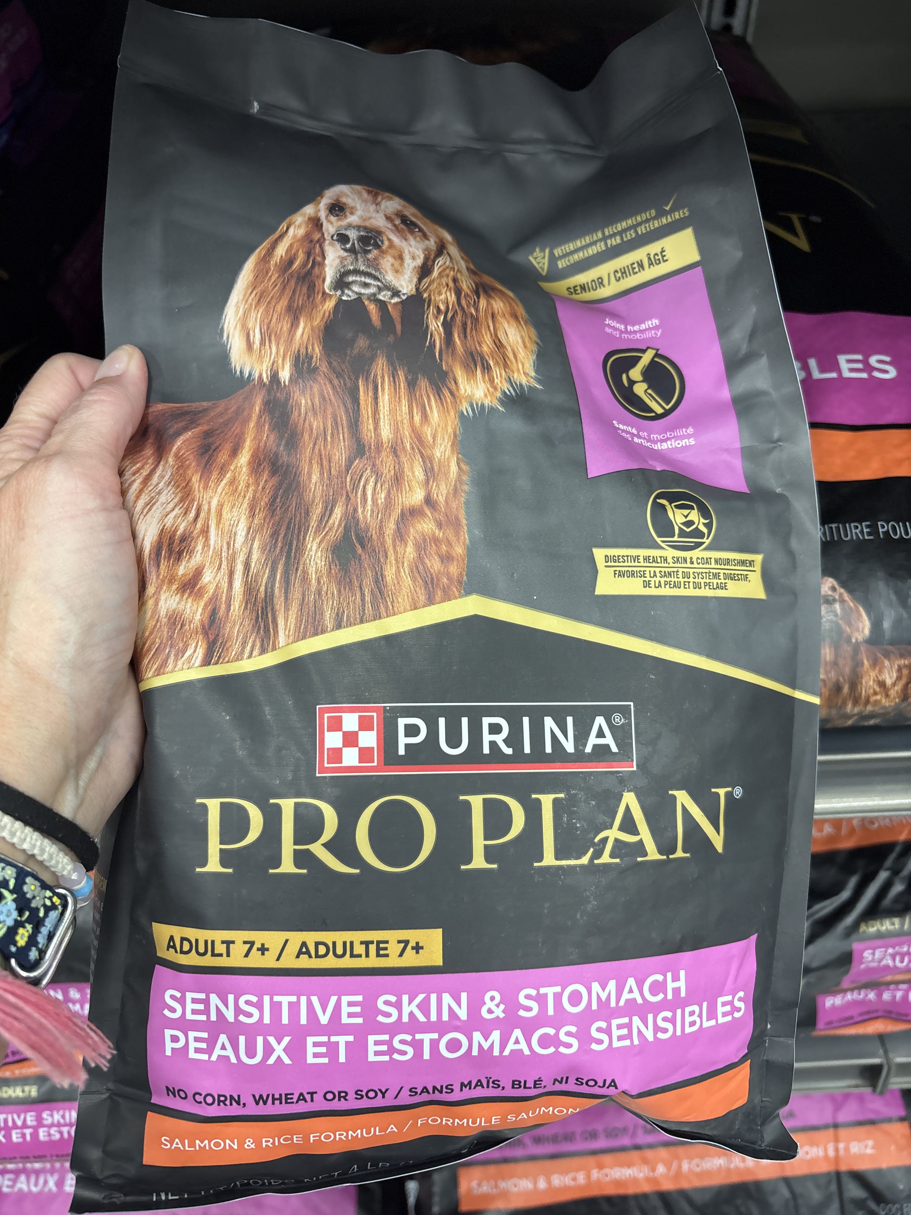 Purina Pro Plan Adult 7+ Sensitive Skin & Stomach Salmon & Rice Formula, front of the package