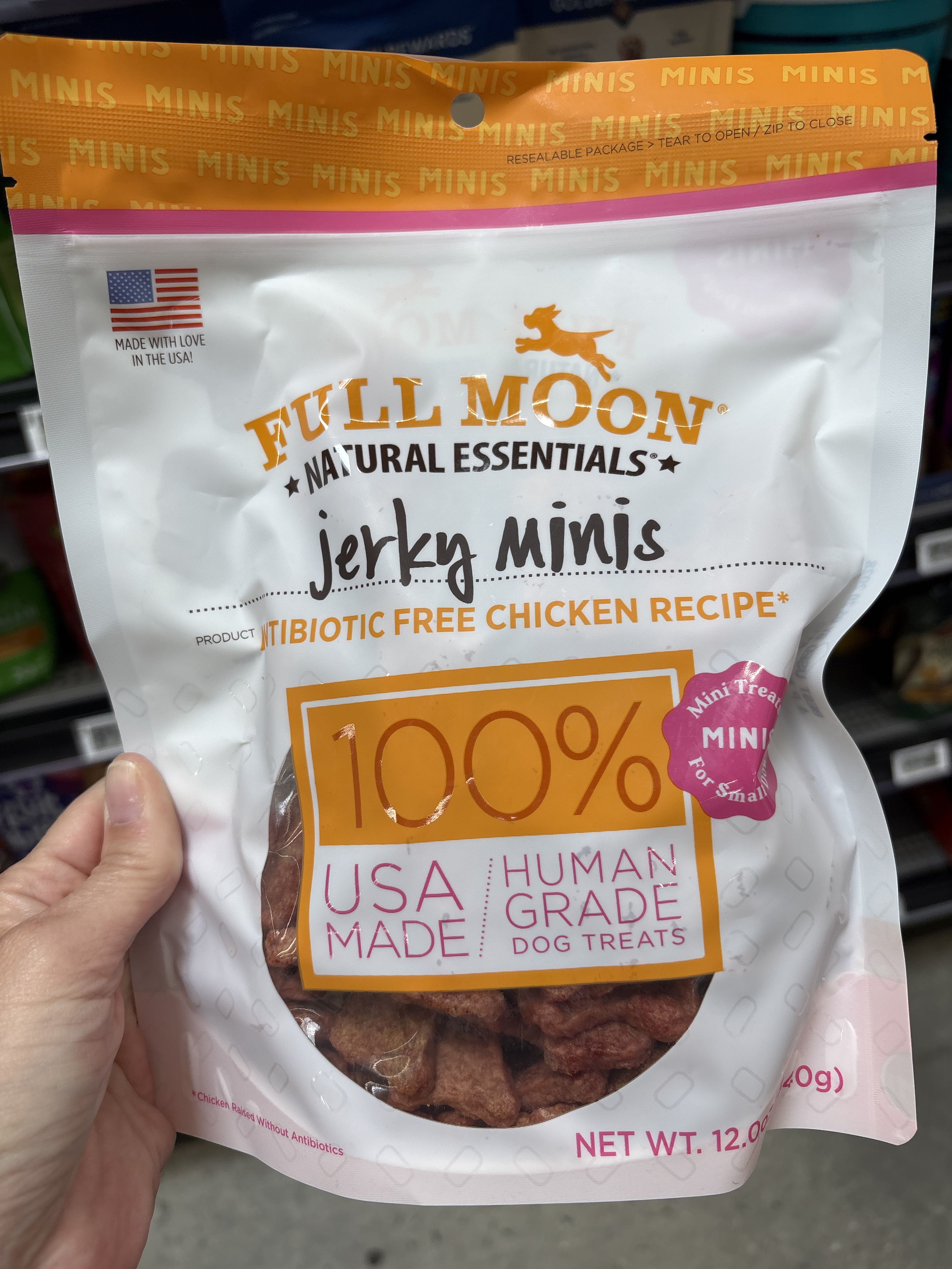 Full Moon Jerky Minis Antibiotic Free Chicken Recipe, front of the package