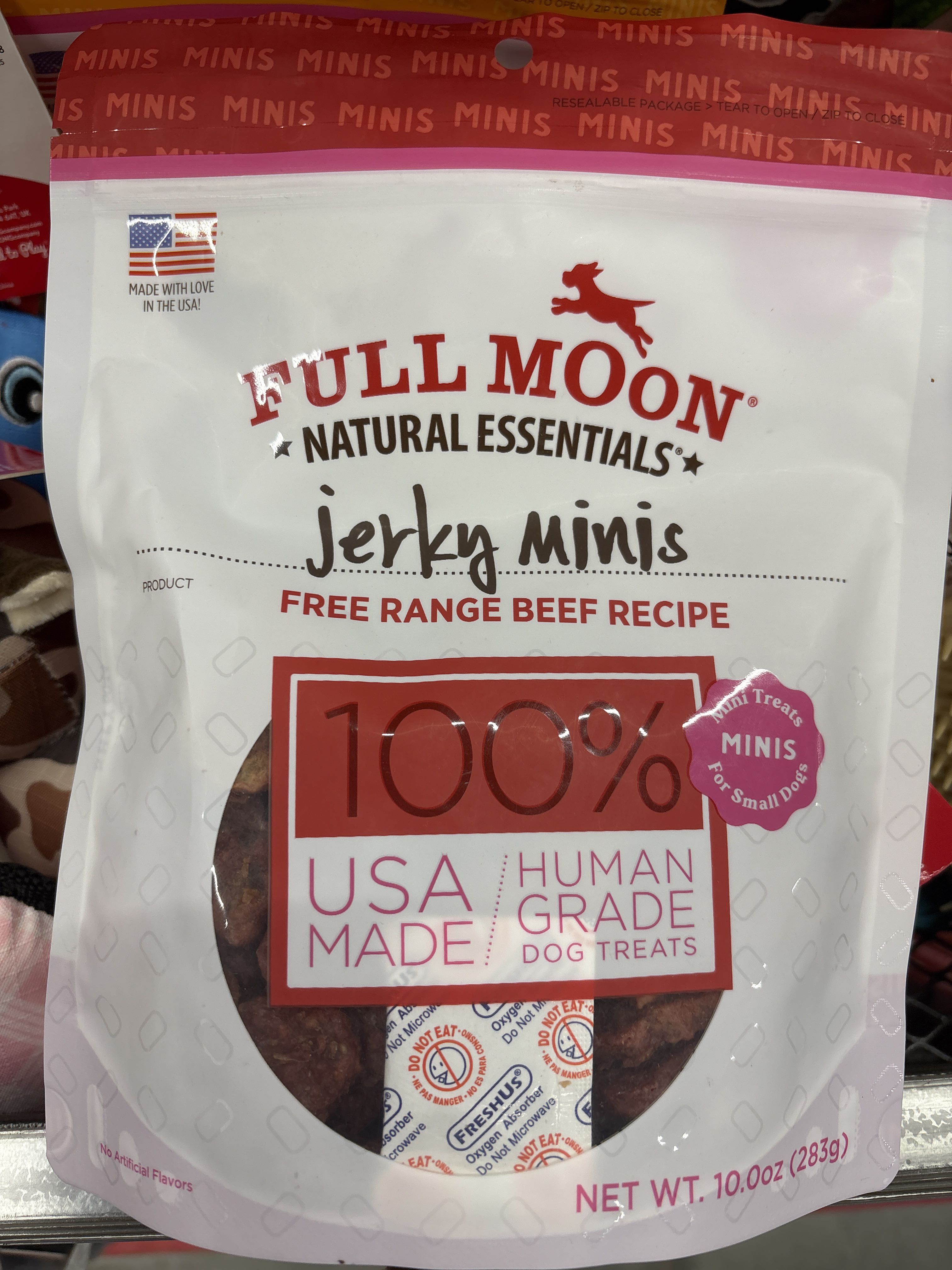 Full Moon Jerky Minis Free Range Beef Recipe, front of the package