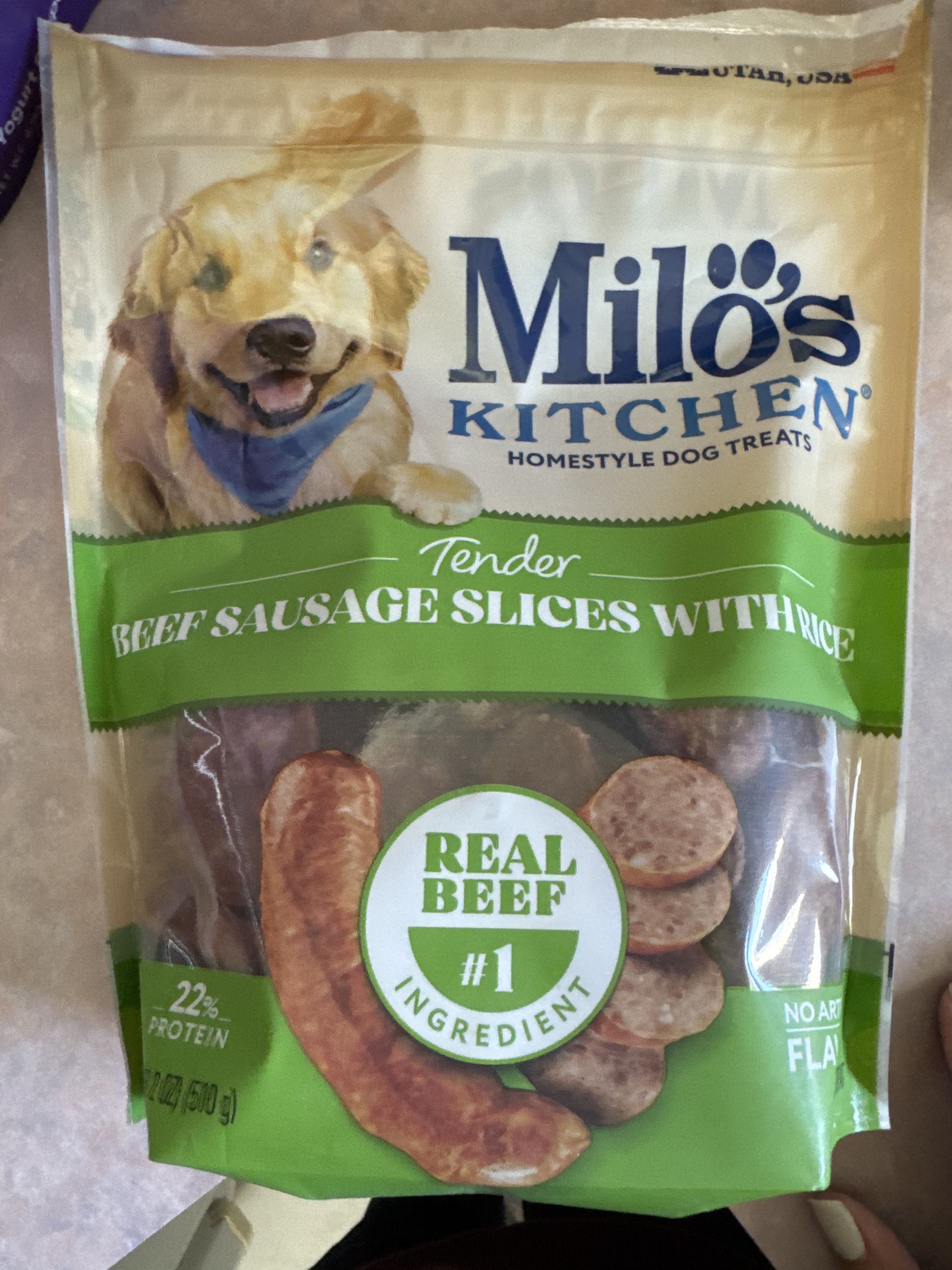 Milo's Kitchen Tender Beef Sausage Slices with Rice Homestyle Dog Treats, front of the package