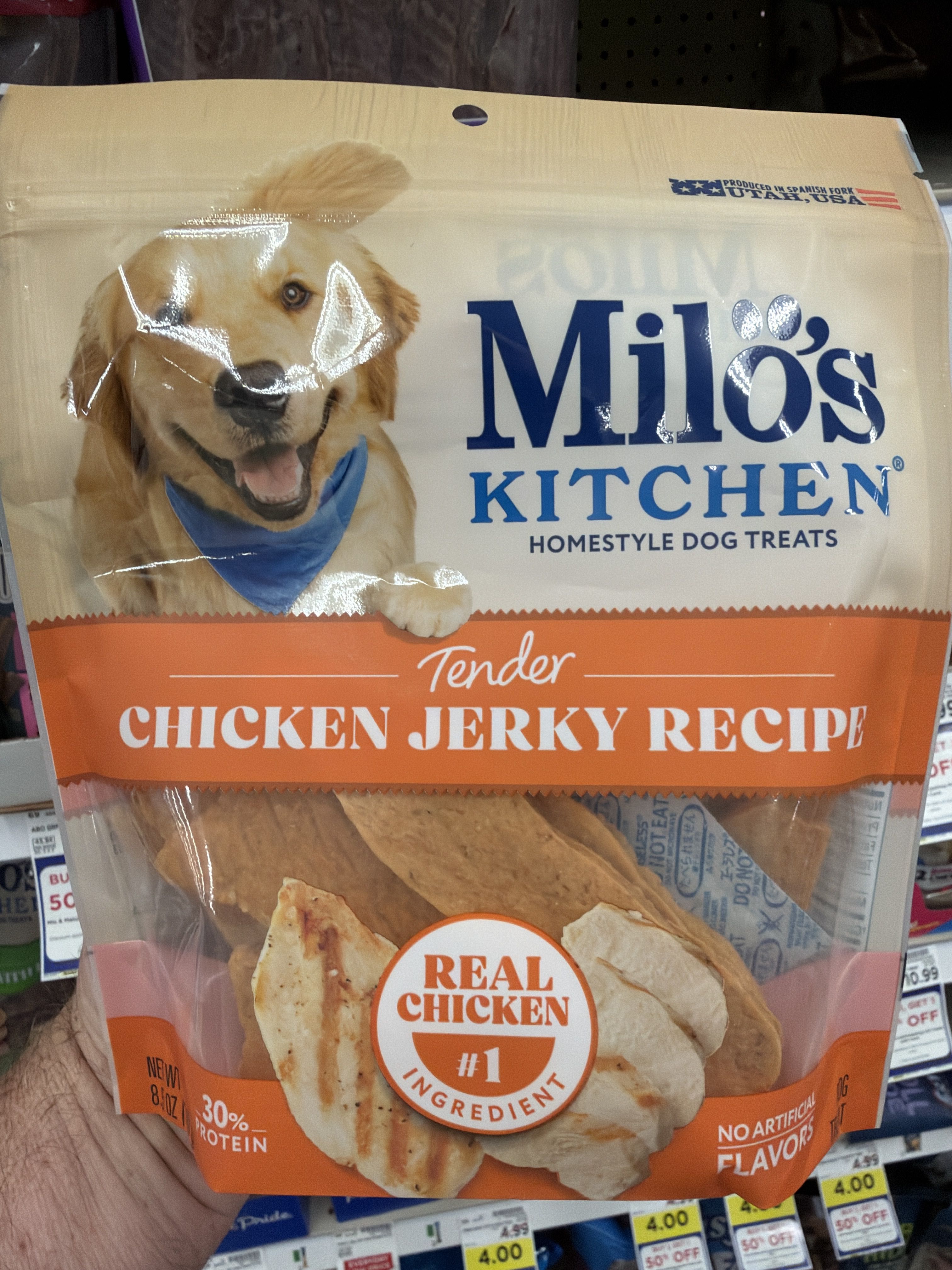 Milo's Kitchen Tender Chicken Jerky Recipe Homestyle Dog Treats, front of the package
