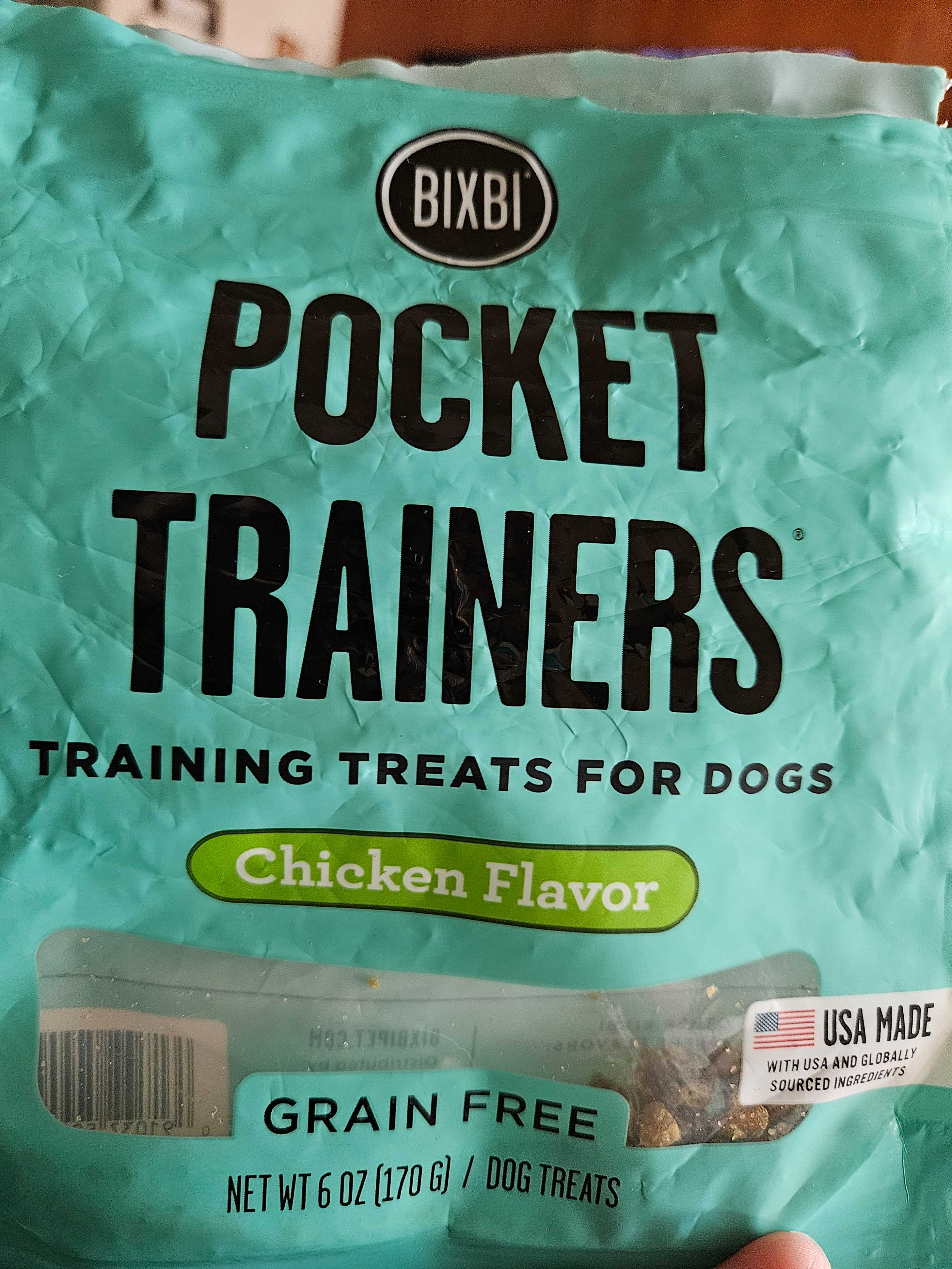 BIXBI Pocket Trainers Training Treats for Dogs - Chicken Flavor, front of the package