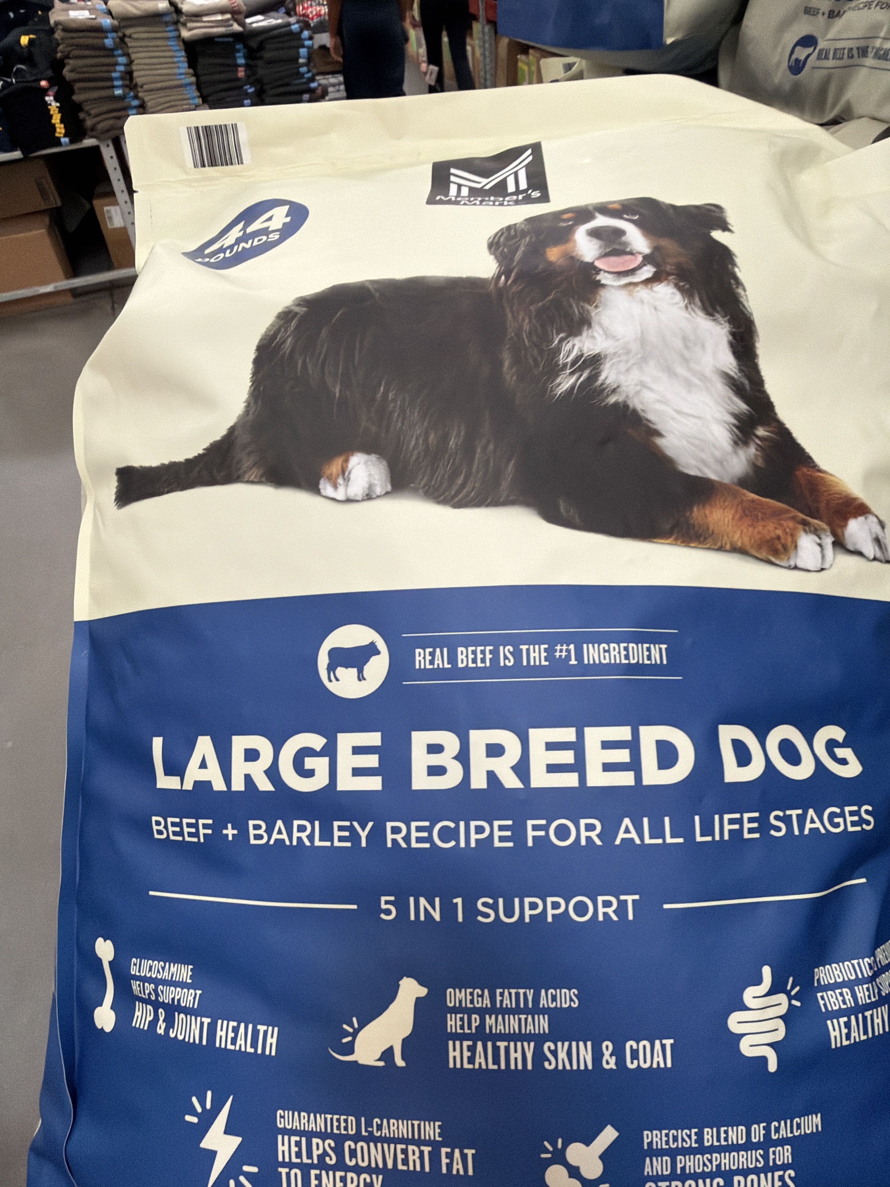 Member's Mark Large Breed Dog Beef + Barley Recipe For All Life Stages, front of the package