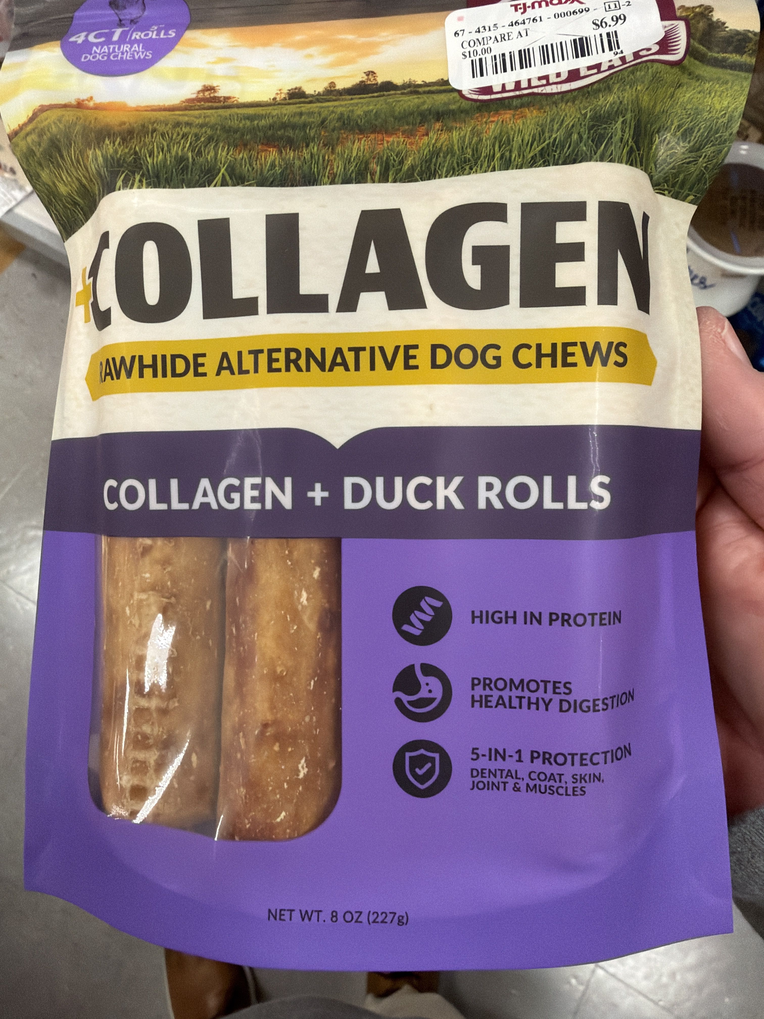 Wild Eats Collagen + Duck Rolls Rawhide Alternative Dog Chews, front of the package