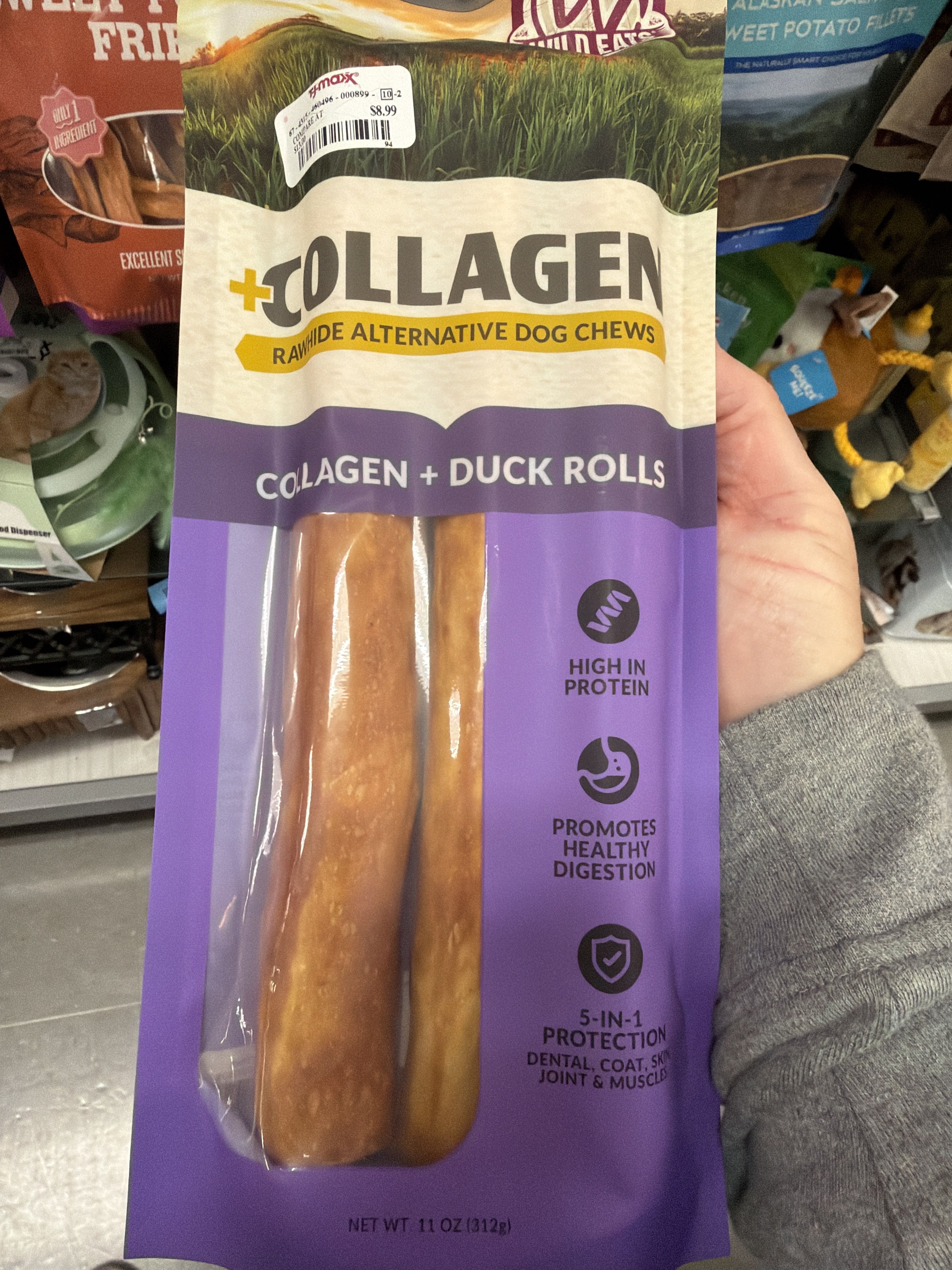 Wild Eats +Collagen Rawhide Alternative Dog Chews Collagen + Duck Rolls, front of the package