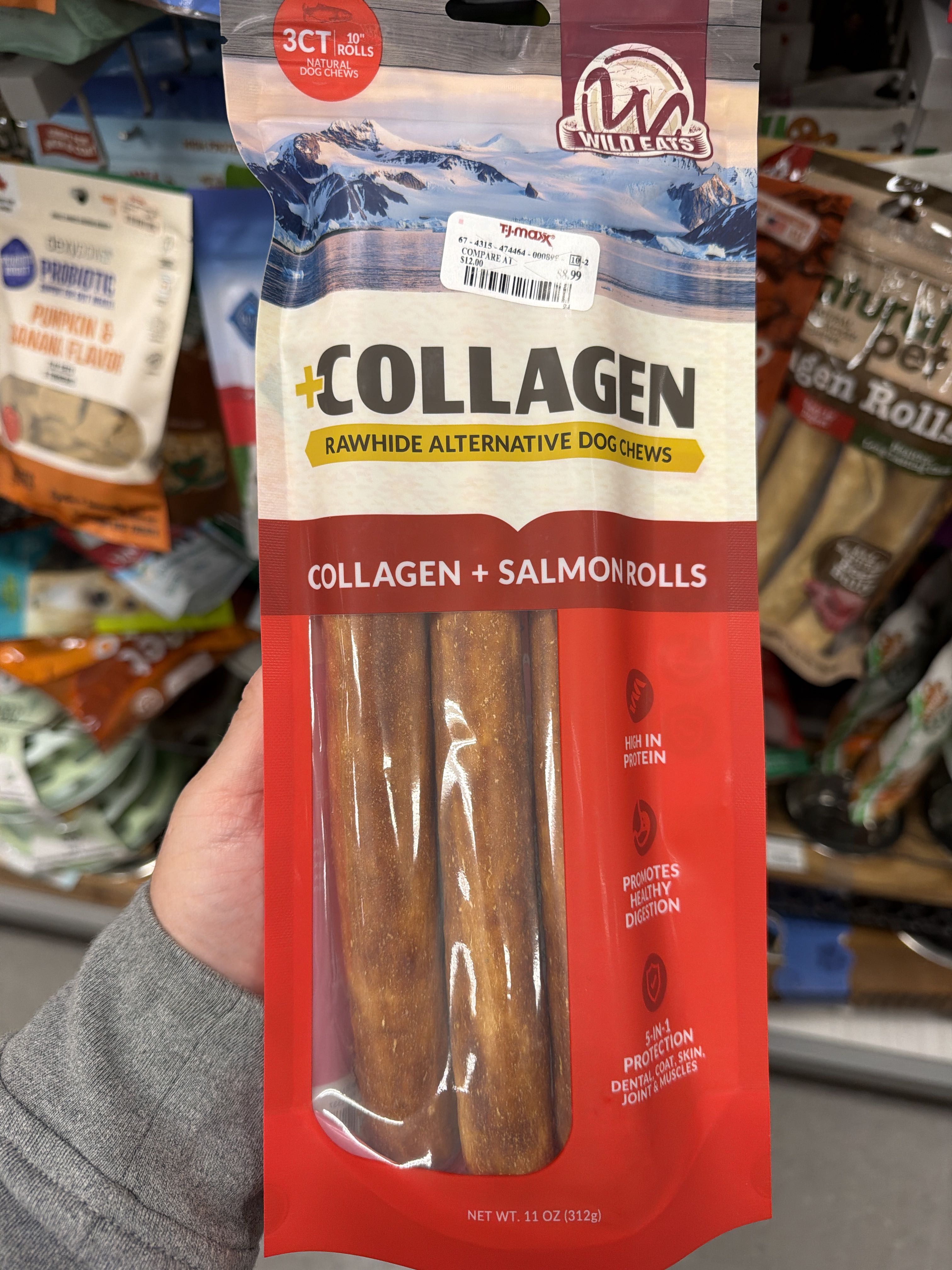 Wild Eats +Collagen Rawhide Alternative Dog Chews, Collagen + Salmon Rolls, front of the package