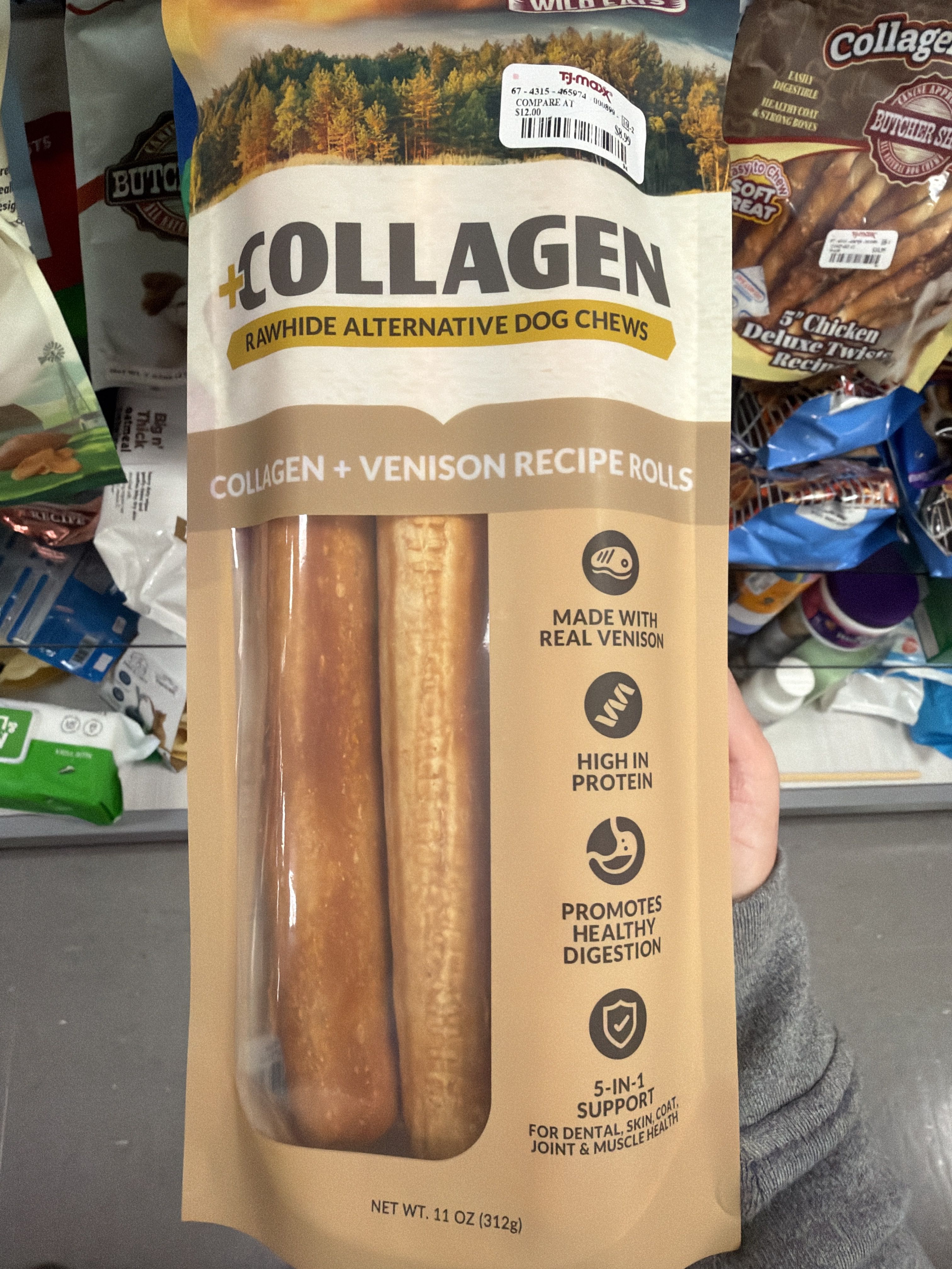 Wild Eats +Collagen Rawhide Alternative Dog Chews - Collagen + Venison Recipe Rolls, front of the package