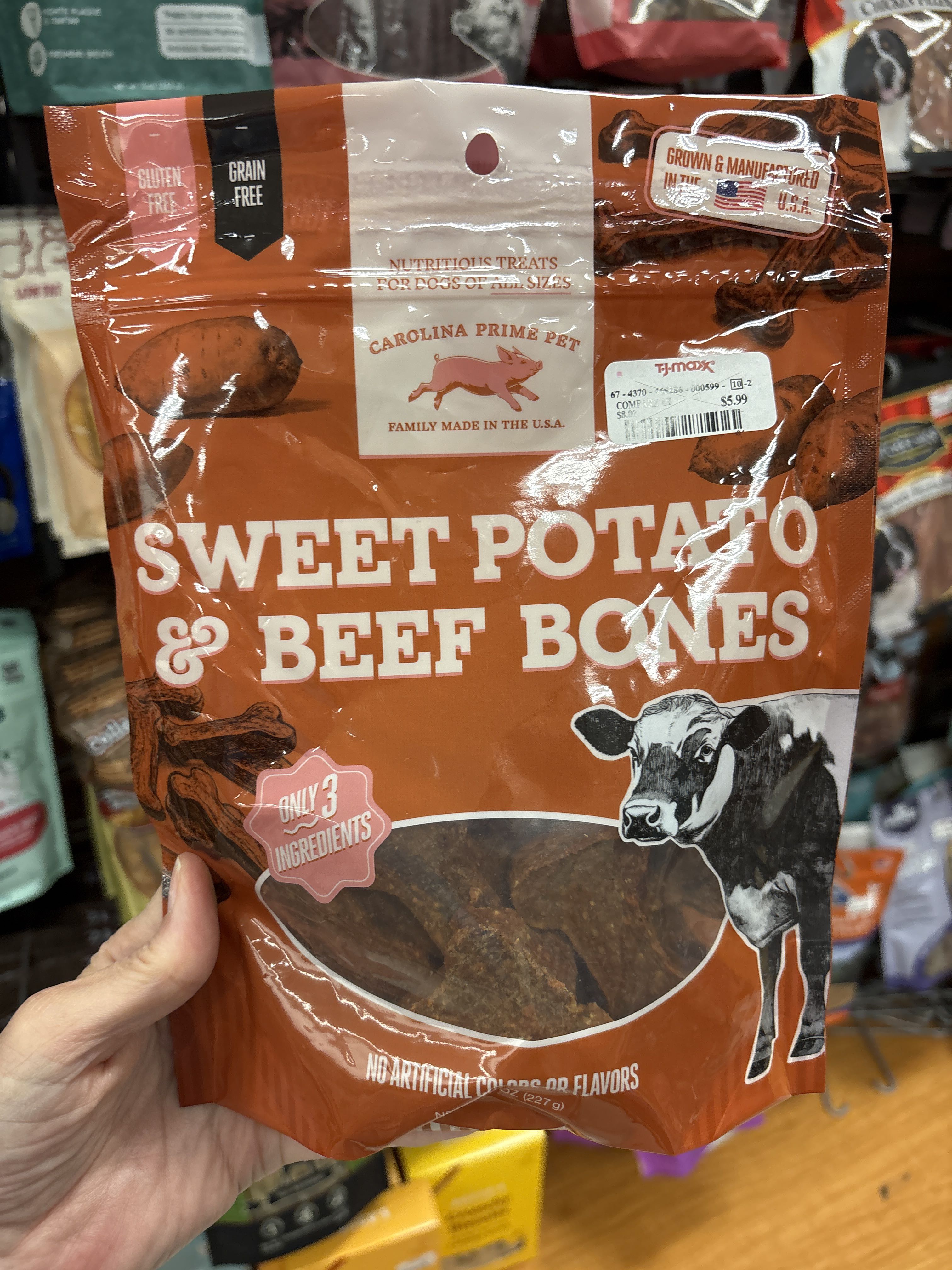 Carolina Prime Pet Sweet Potato & Beef Bones, front of the package