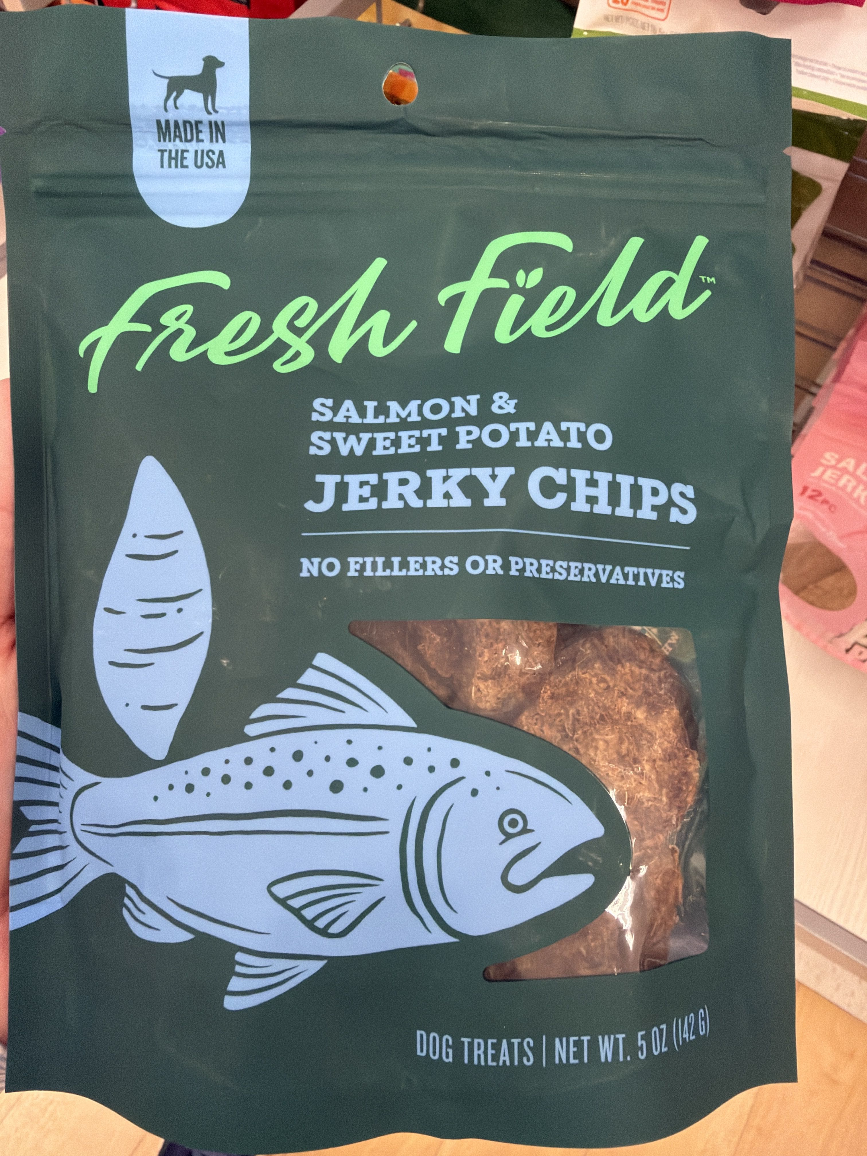 Fresh Field Salmon & Sweet Potato Jerky Chips, front of the package