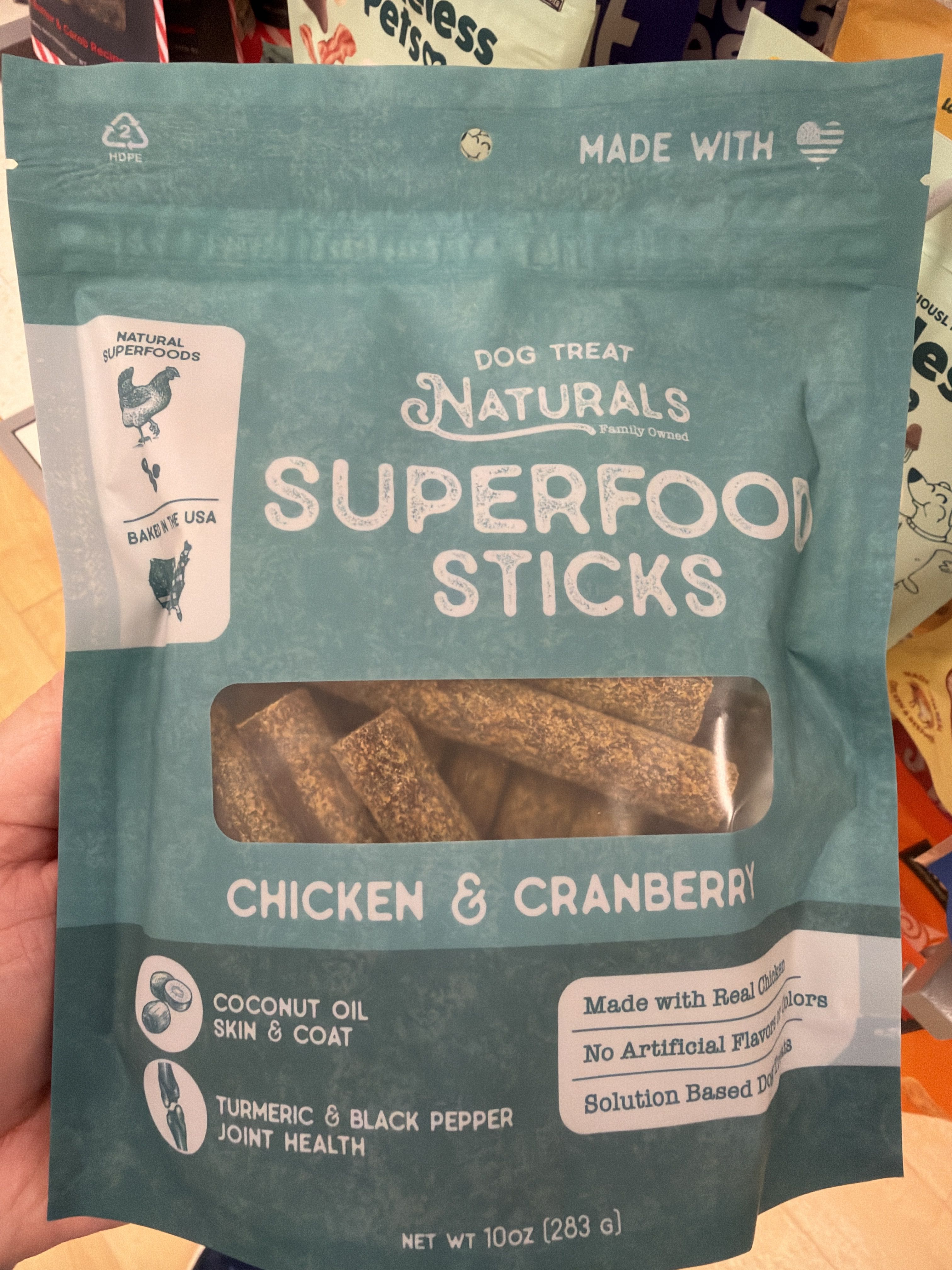 Dog Treat Naturals Superfood Sticks Chicken & Cranberry, front of the package