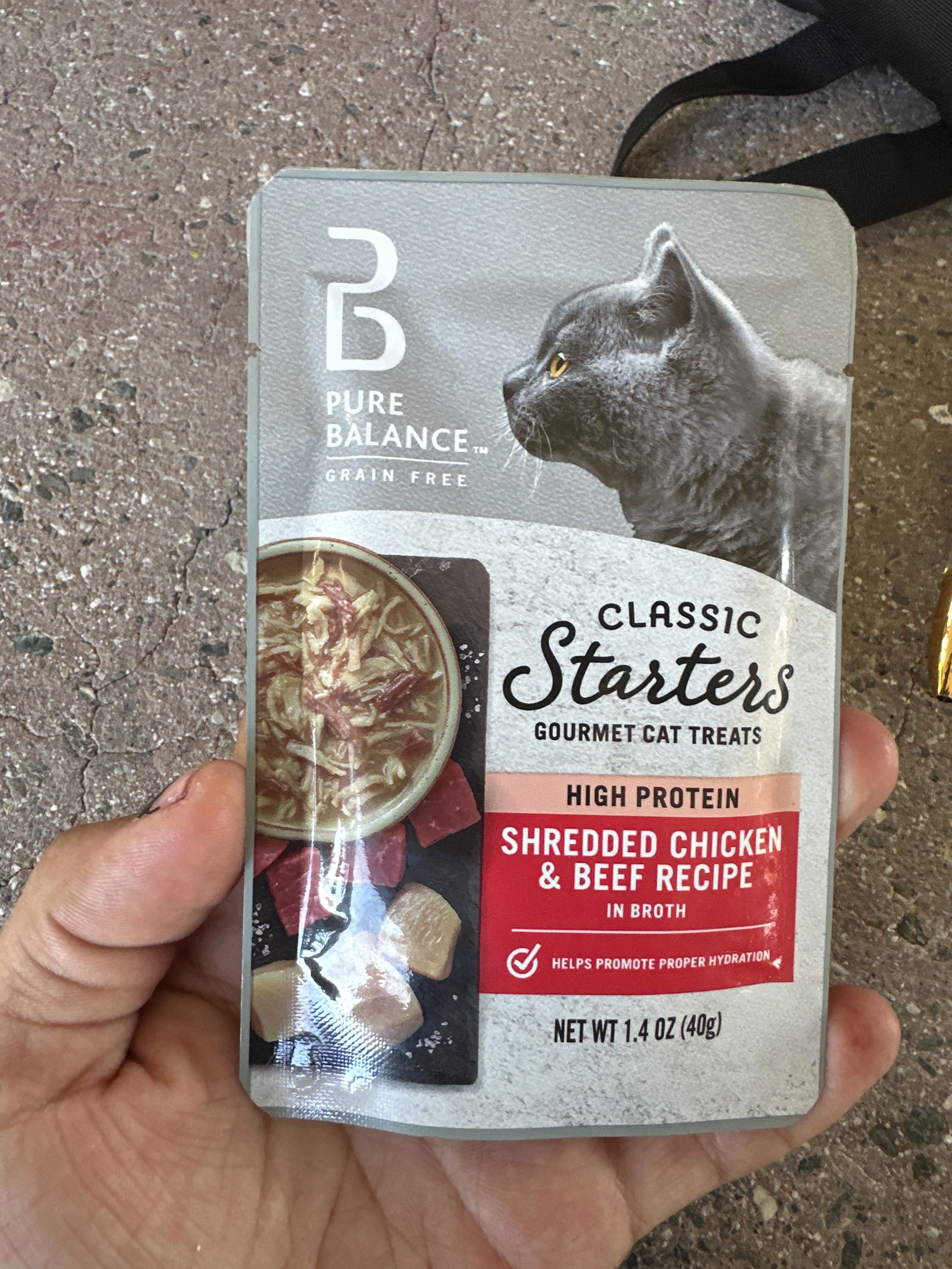 Pure Balance Classic Starters Shredded Chicken & Beef Recipe in Broth Gourmet Cat Treats, front of the package