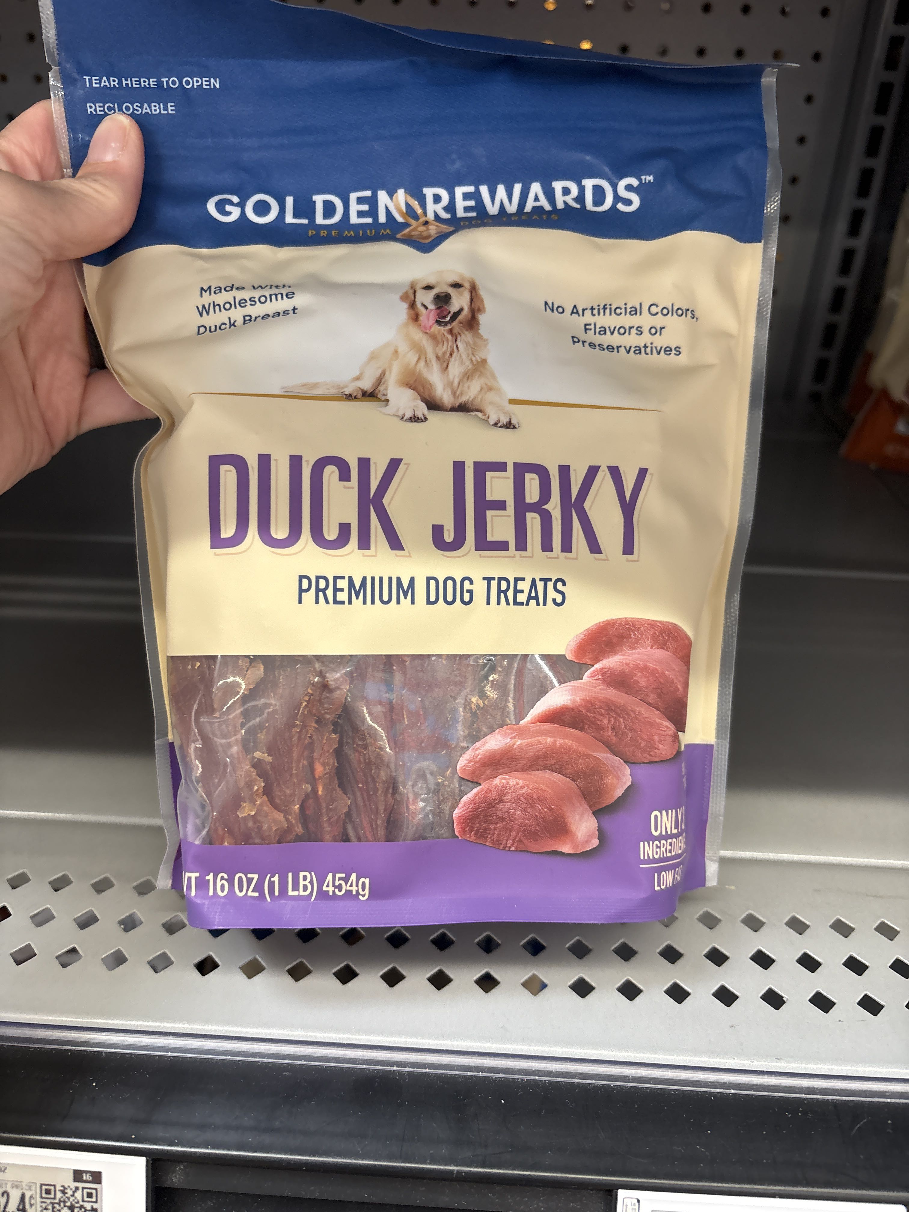 Golden Rewards Duck Jerky Premium Dog Treats, front of the package