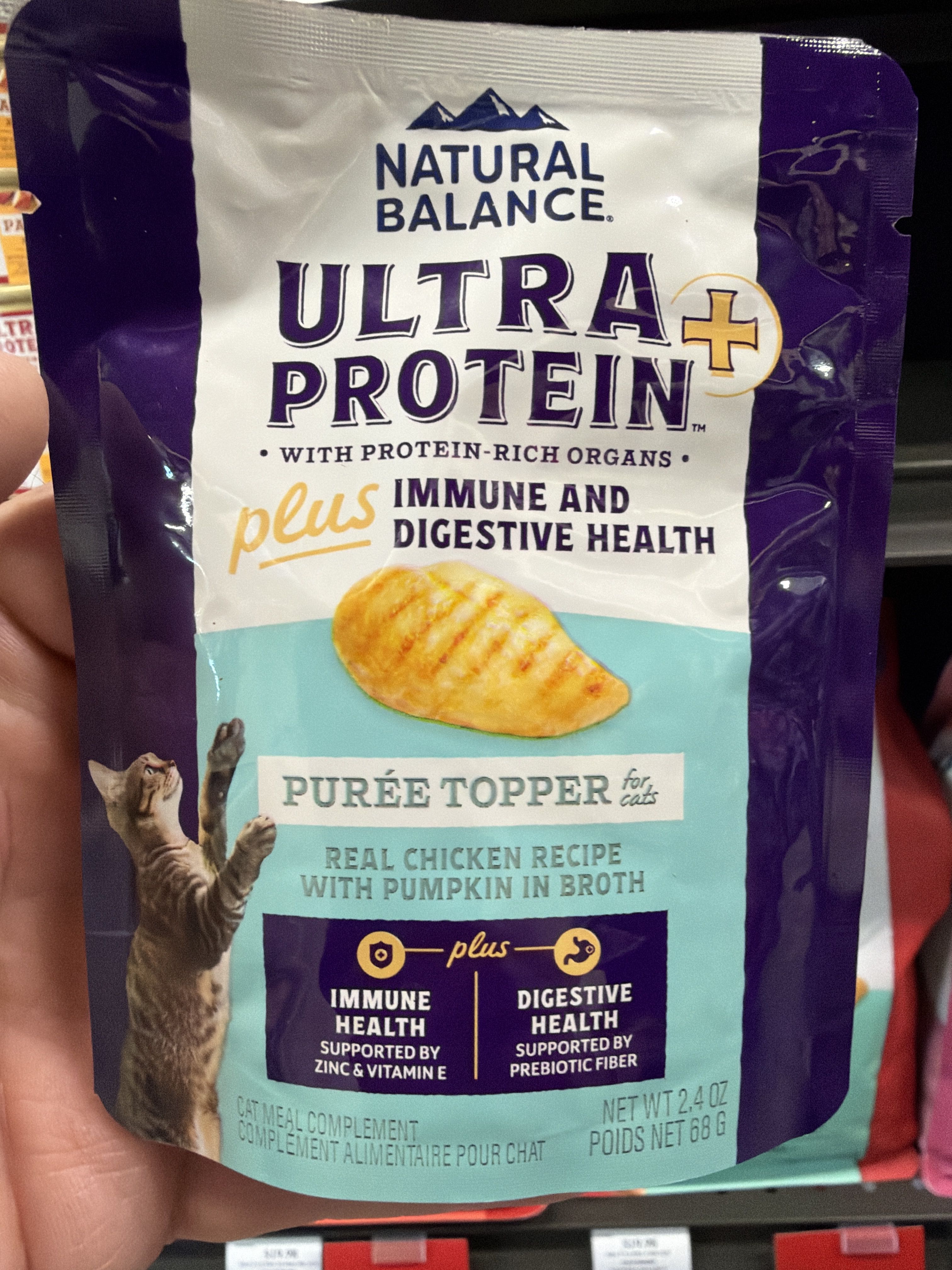 Natural Balance Ultra Protein Plus Immune and Digestive Health Purée Topper - Real Chicken Recipe with Pumpkin in Broth, front of the package