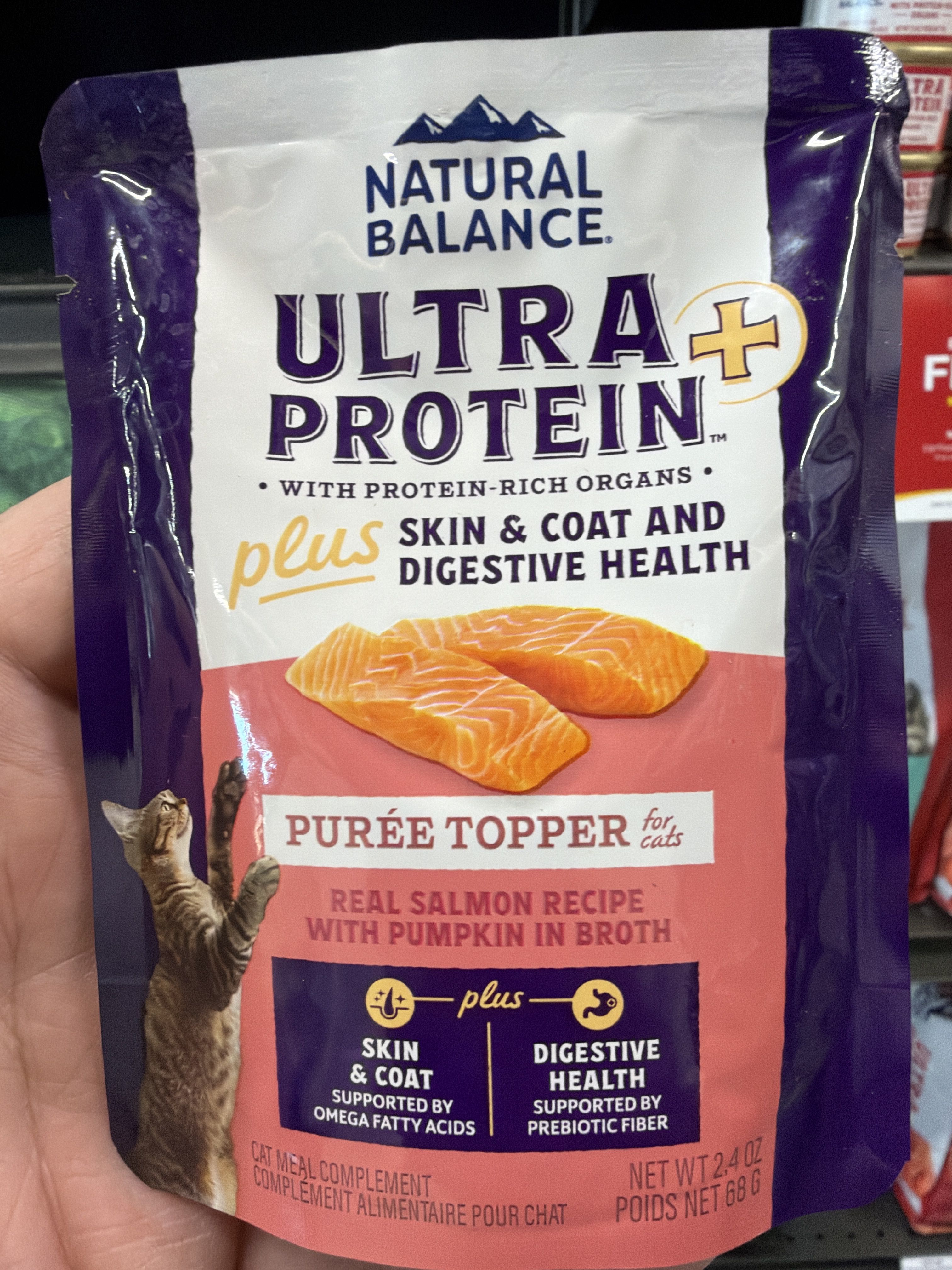 Natural Balance Ultra Protein Plus Skin & Coat and Digestive Health Purée Topper - Real Salmon Recipe with Pumpkin in Broth, front of the package