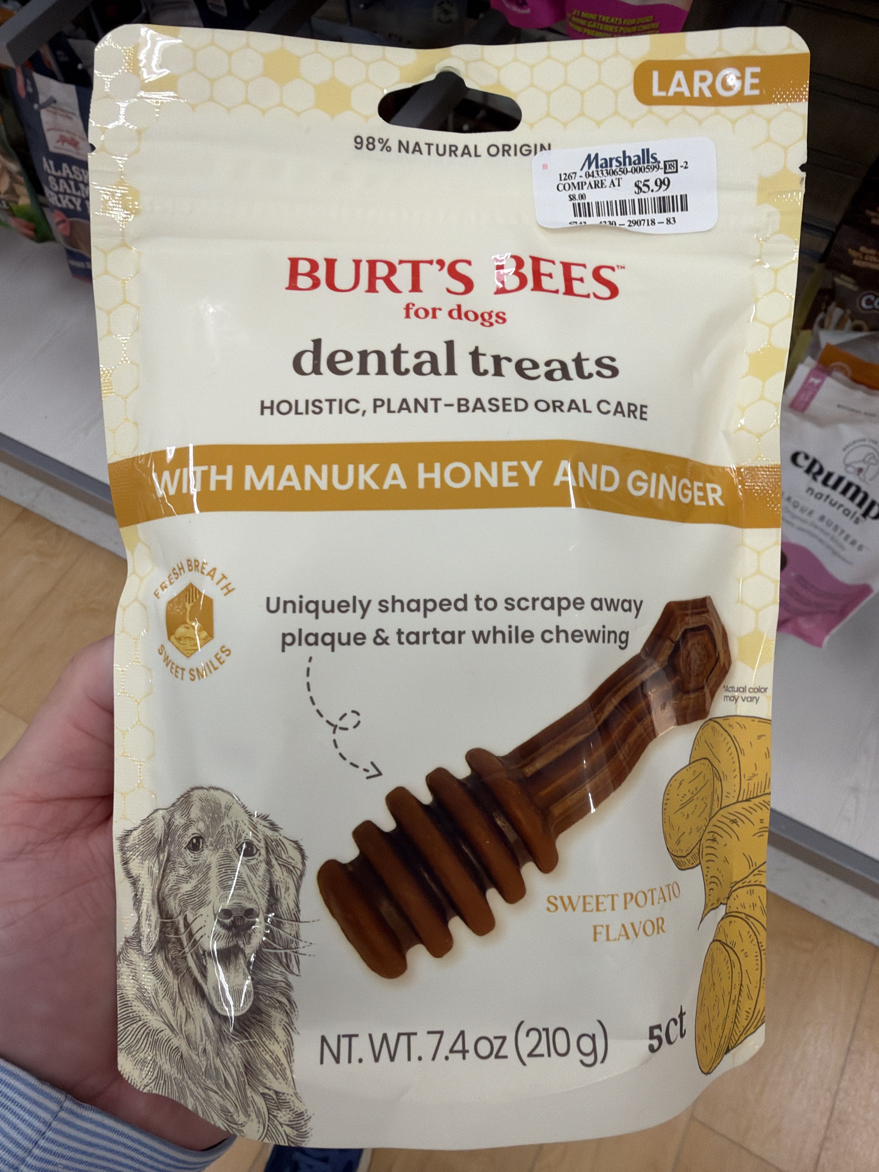 Burt's Bees Dental Treats with Manuka Honey and Ginger (Sweet Potato Flavor, Large), front of the package