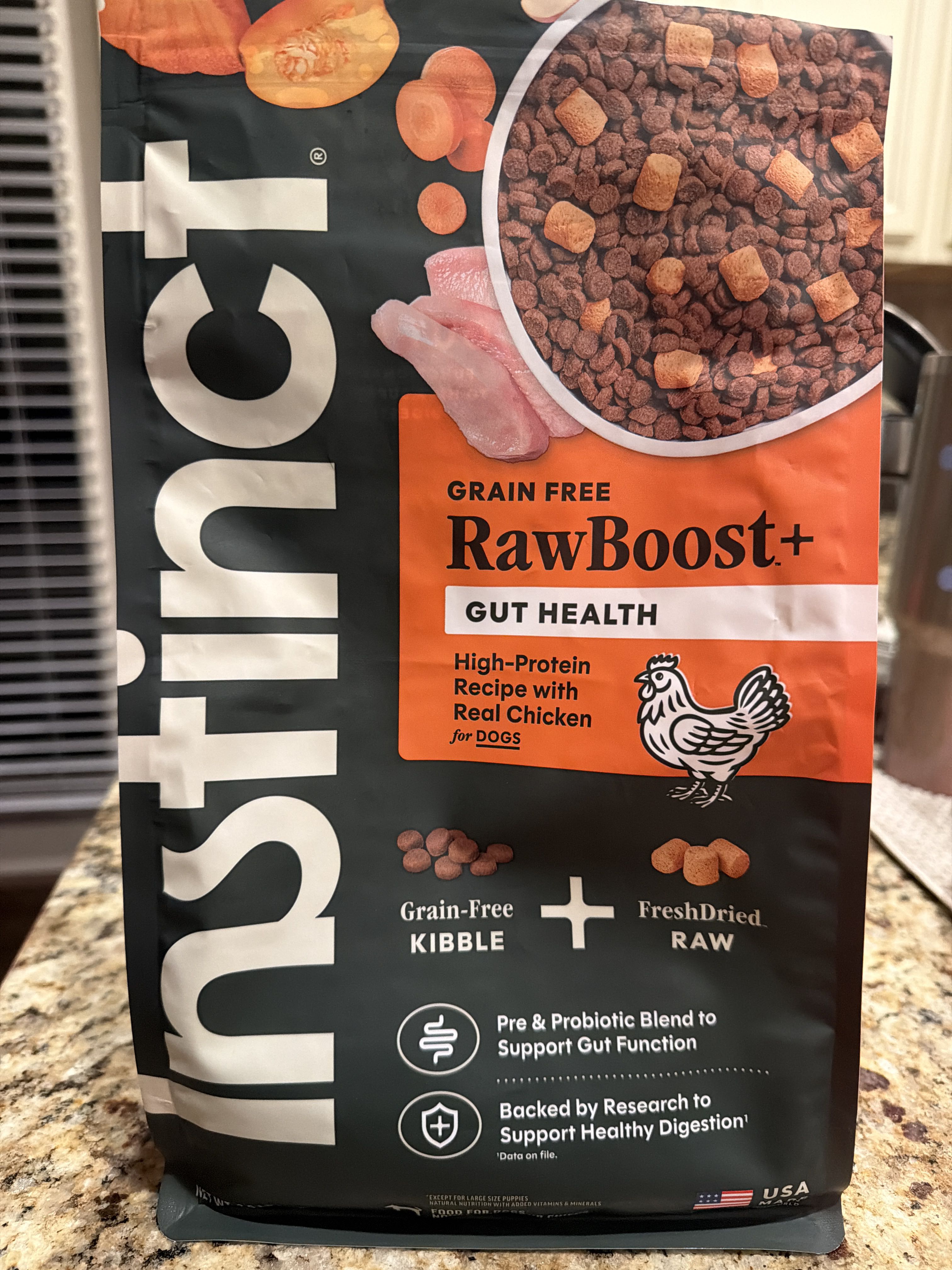 Instinct RawBoost+ Gut Health High-Protein Recipe with Real Chicken, front of the package