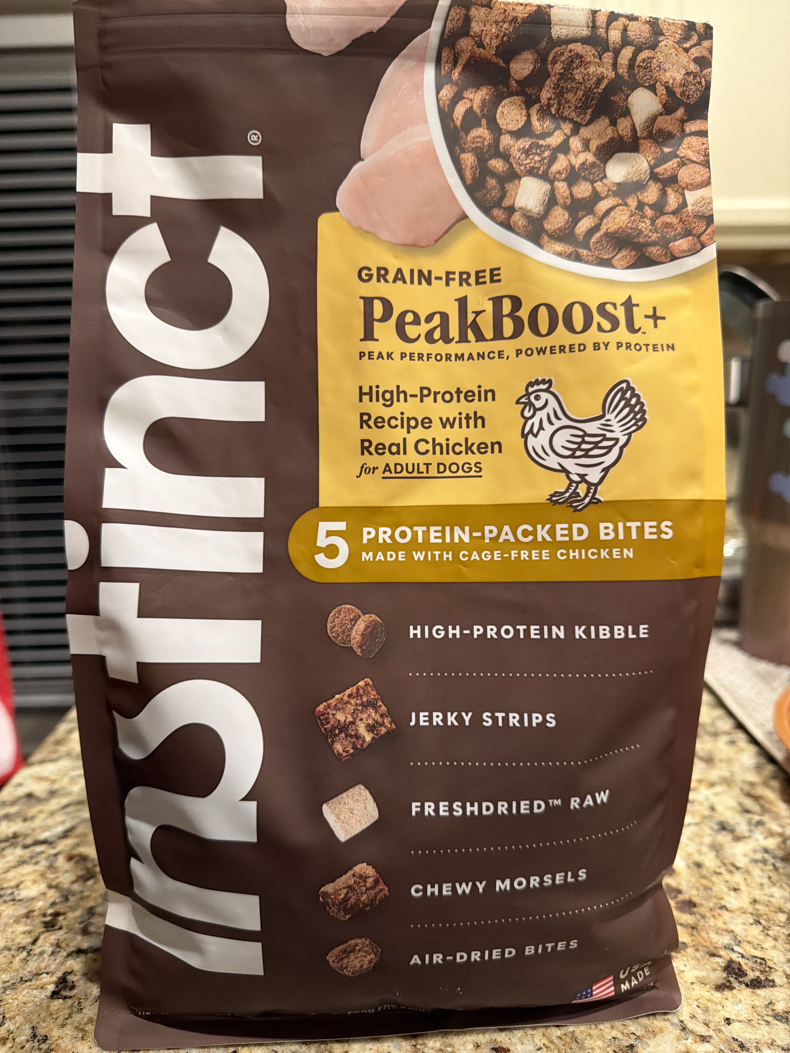 Instinct PeakBoost+ Grain-Free High-Protein Recipe with Real Chicken, front of the package