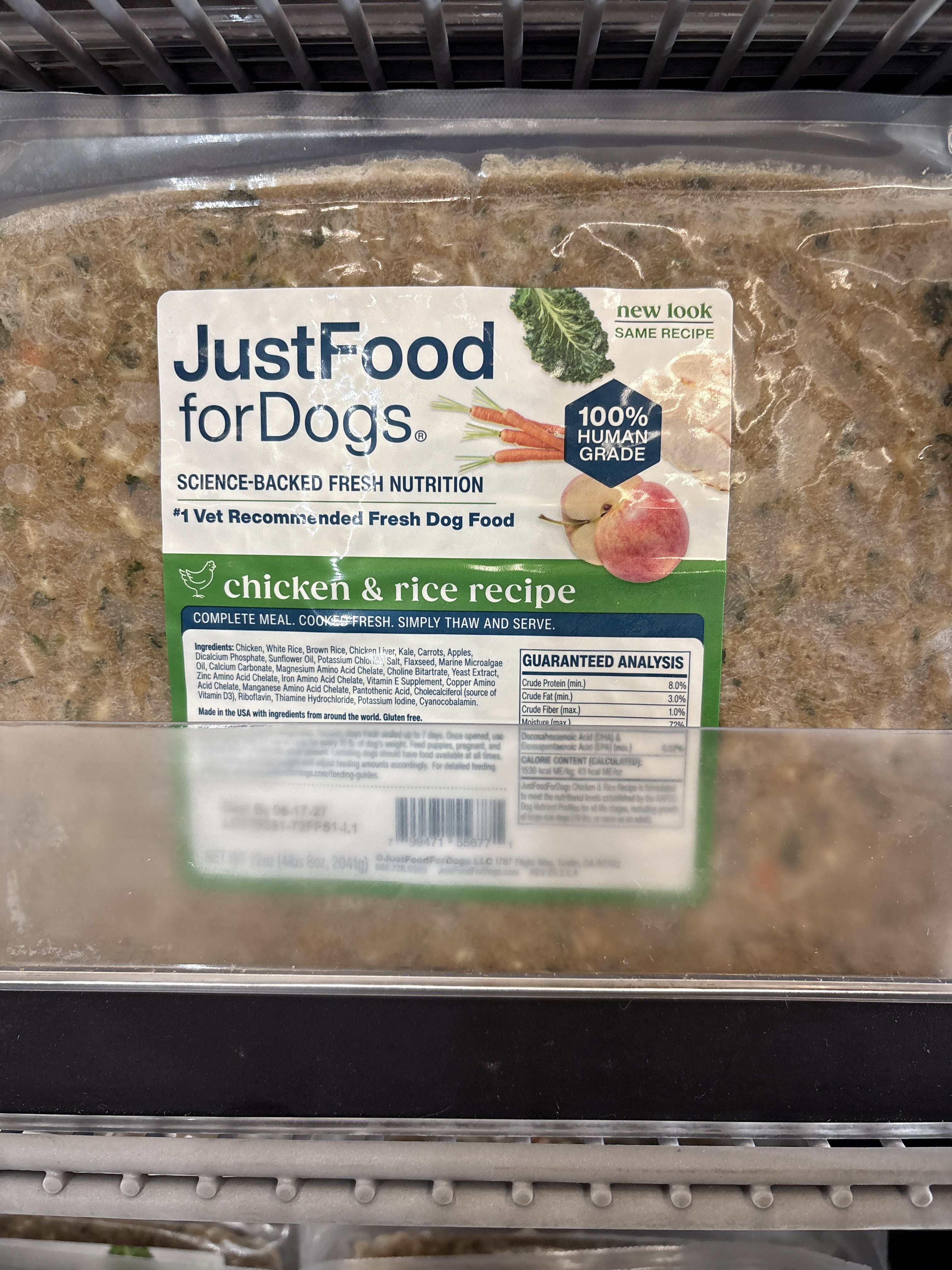 JustFoodForDogs Chicken & Rice Recipe, front of the package