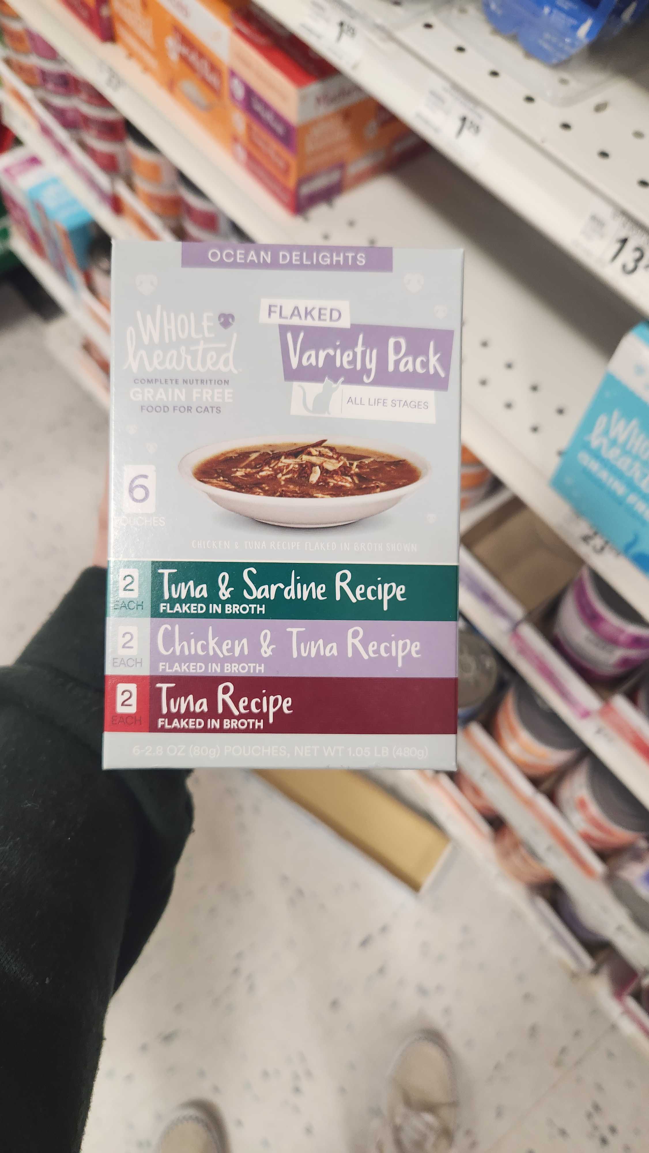 WholeHearted Ocean Delights Flaked Variety Pack Cat Food, front of the package