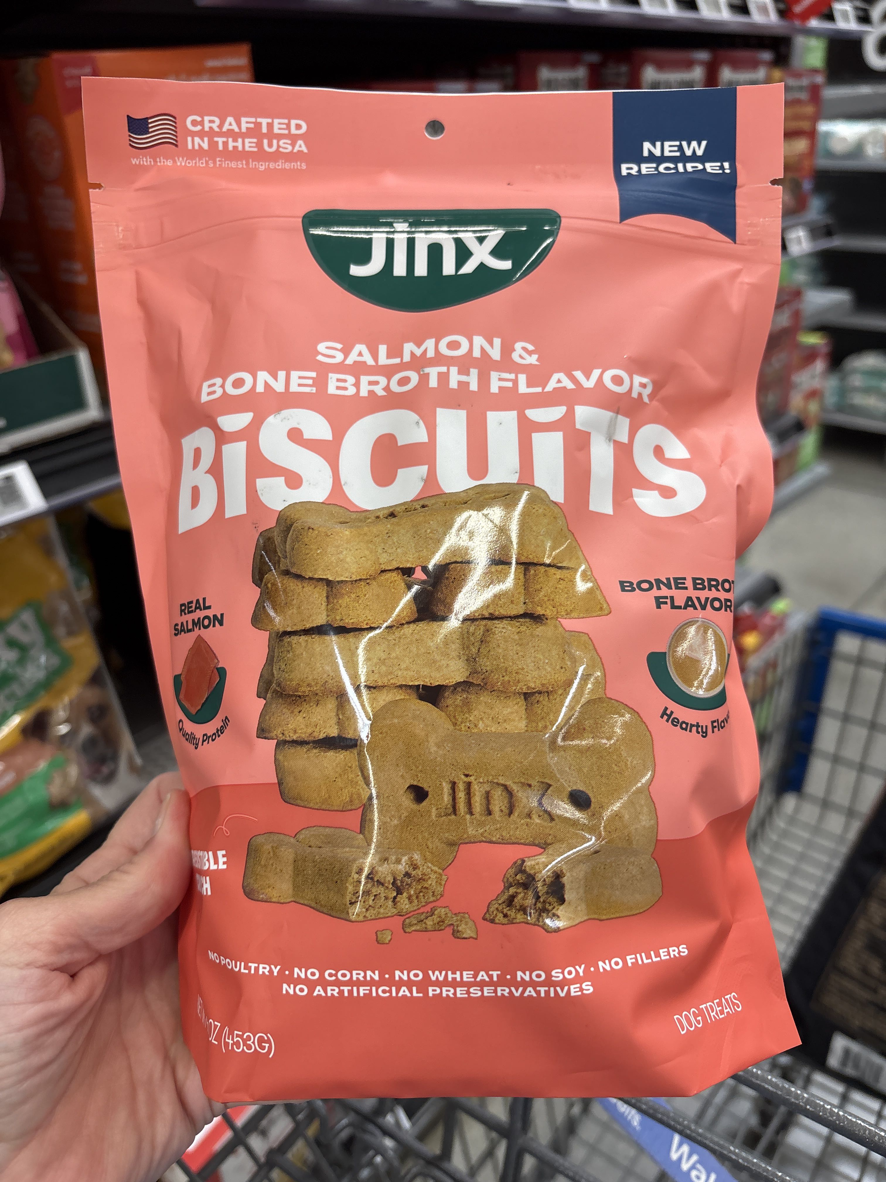 Jinx Salmon & Bone Broth Flavor Biscuits, front of the package