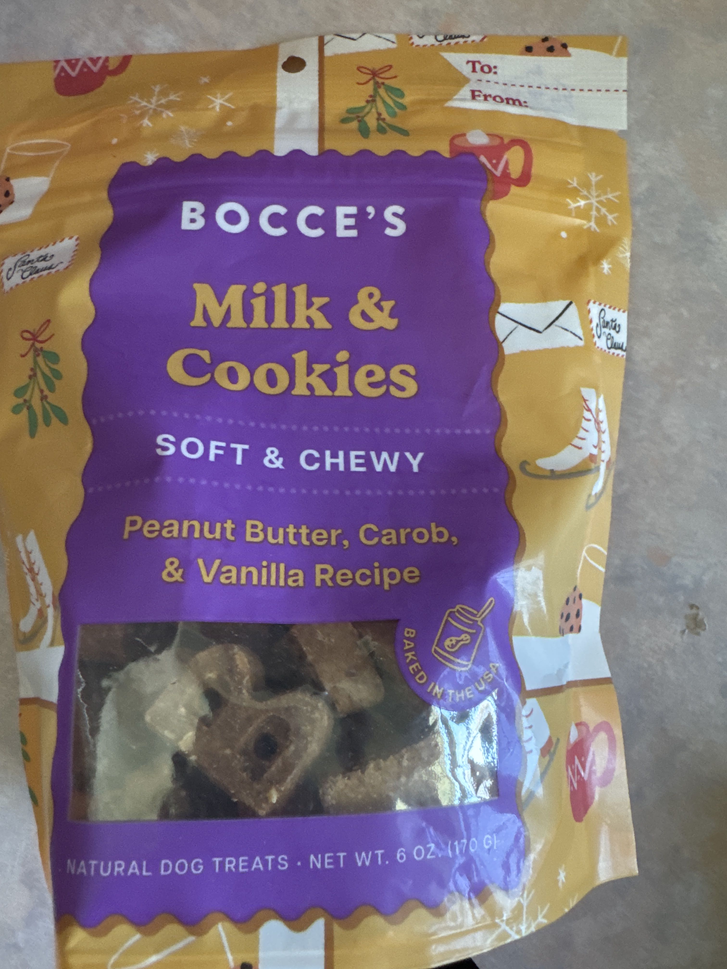 Bocce's Bakery Milk & Cookies Soft & Chewy Peanut Butter, Carob, & Vanilla Recipe, front of the package