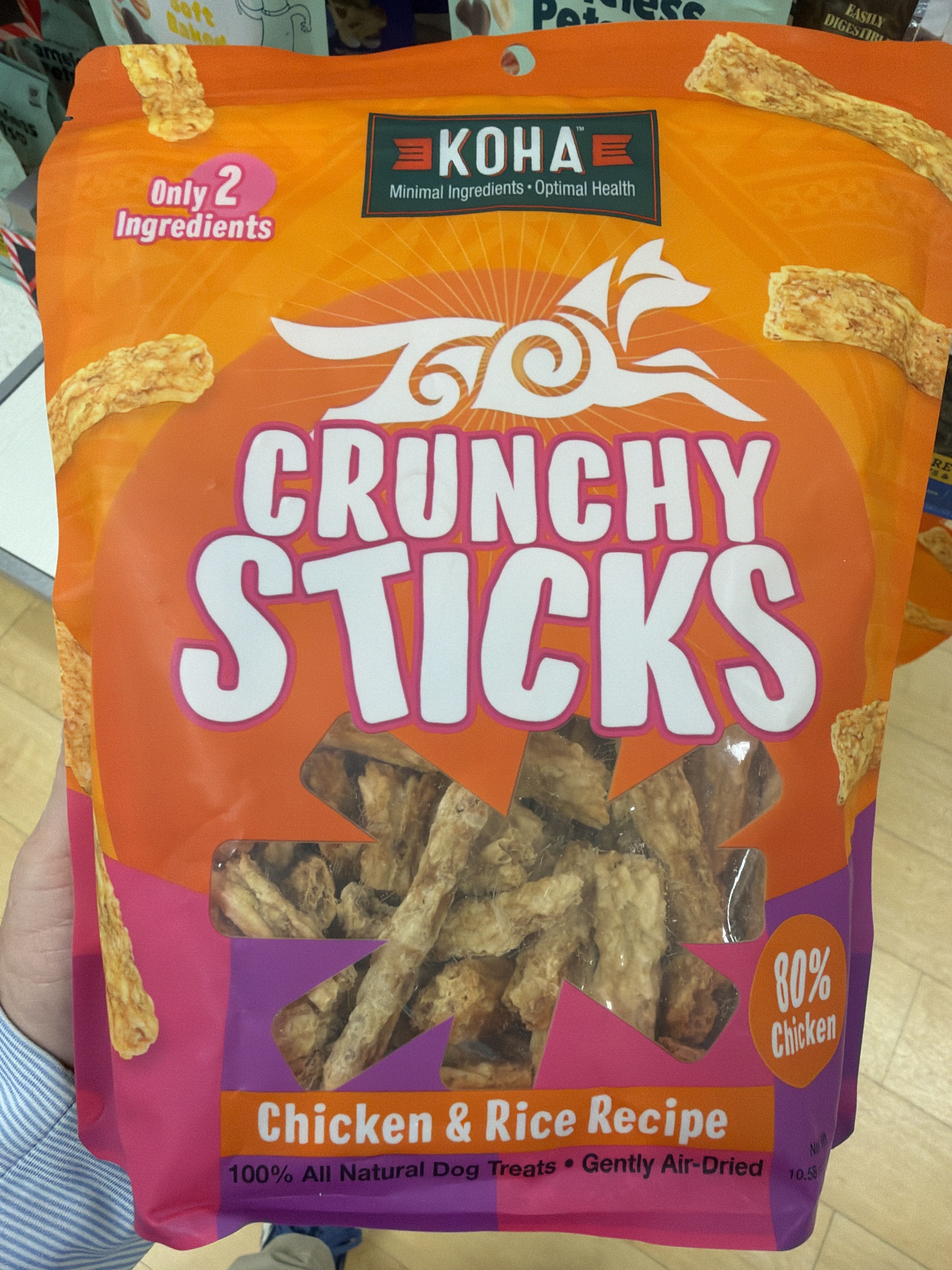 KOHA Crunchy Sticks Chicken & Rice Recipe, front of the package