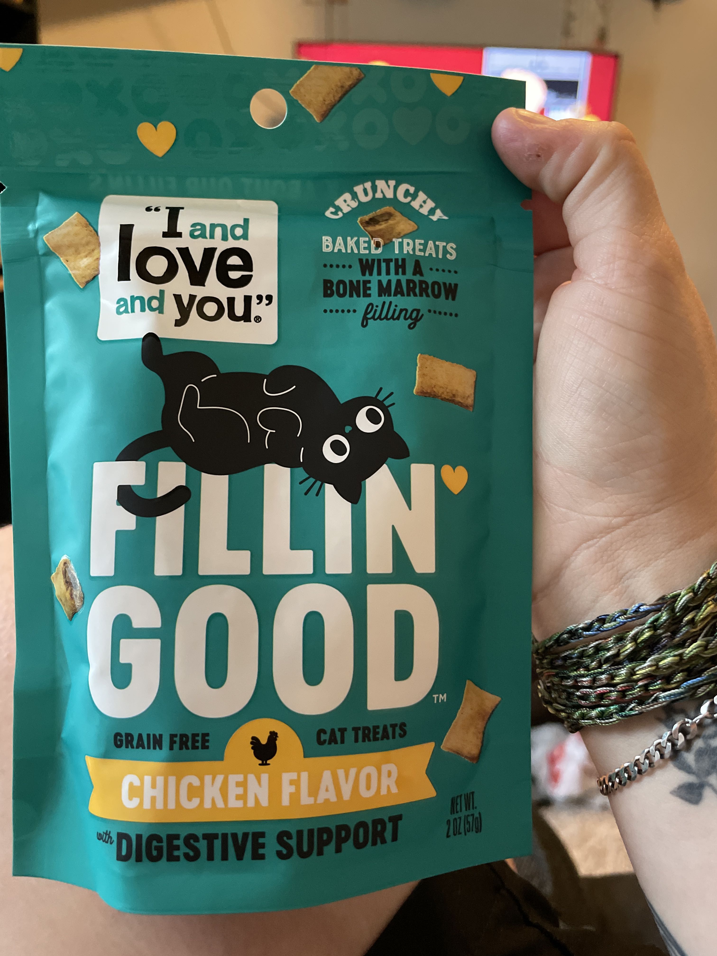 I and love and you Fillin' Good Crunchy Baked Treats with a Bone Marrow Filling, Chicken Flavor, front of the package