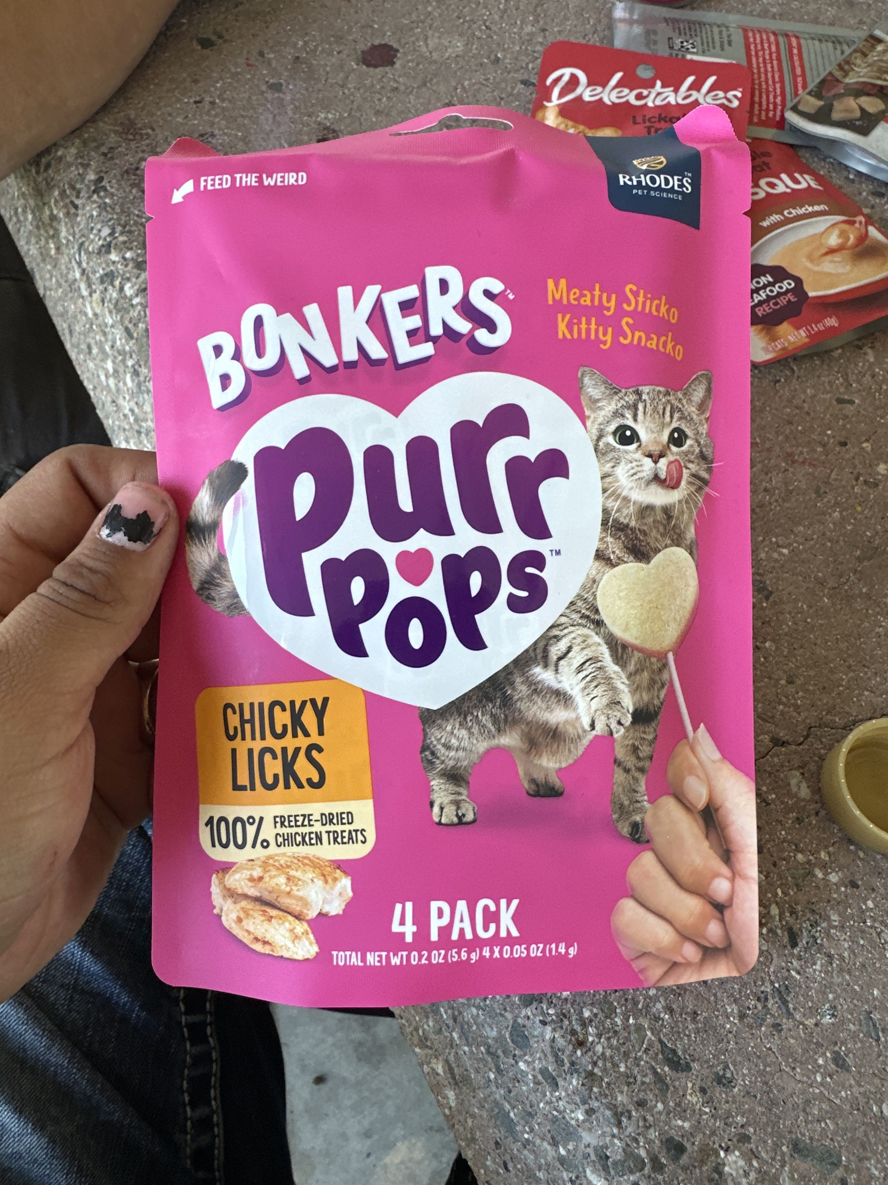 Bonkers Purr Pops Chicky Licks Meaty Sticko Kitty Snacko, front of the package