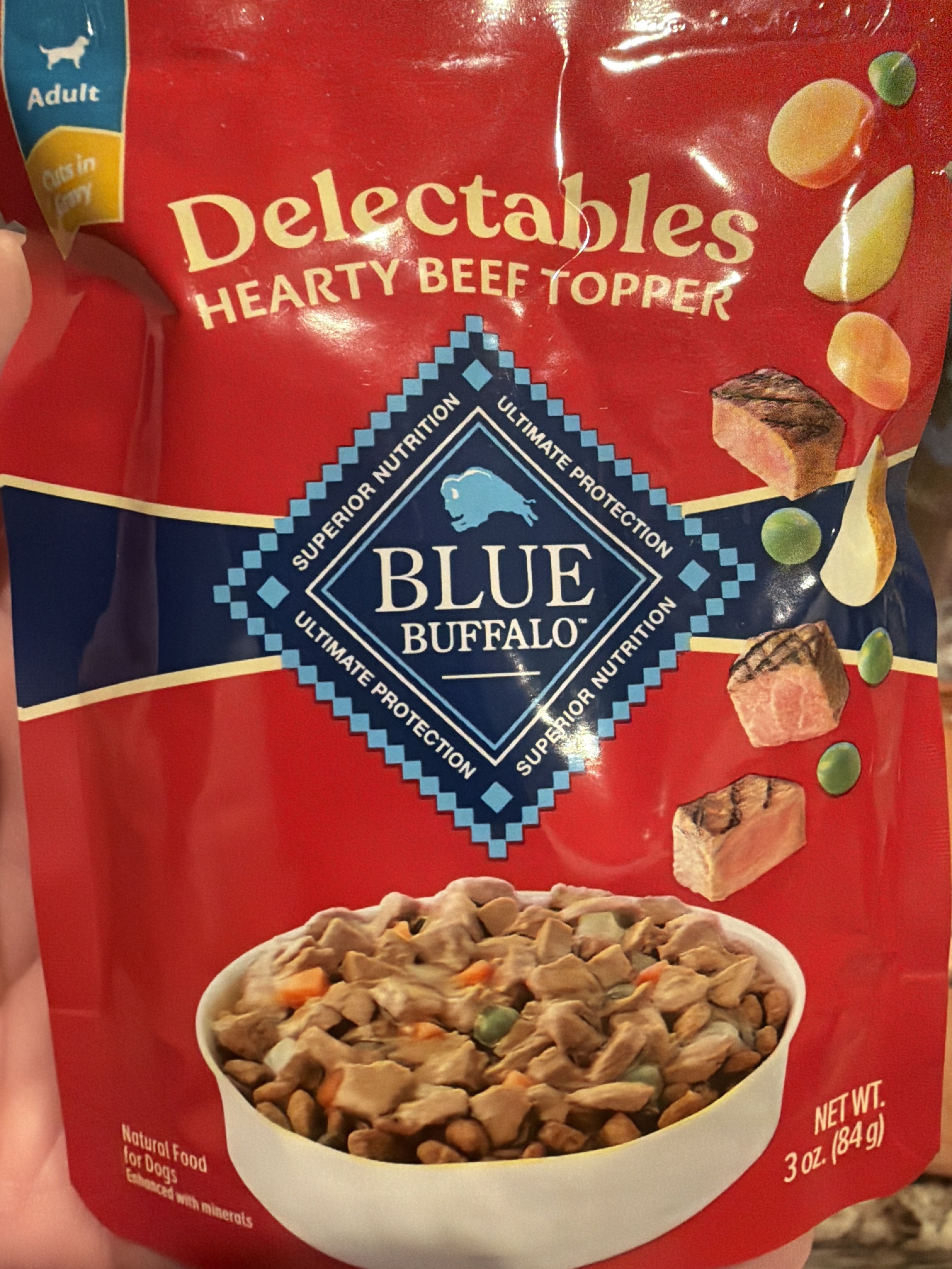 Blue Buffalo Delectables Hearty Beef Topper, front of the package