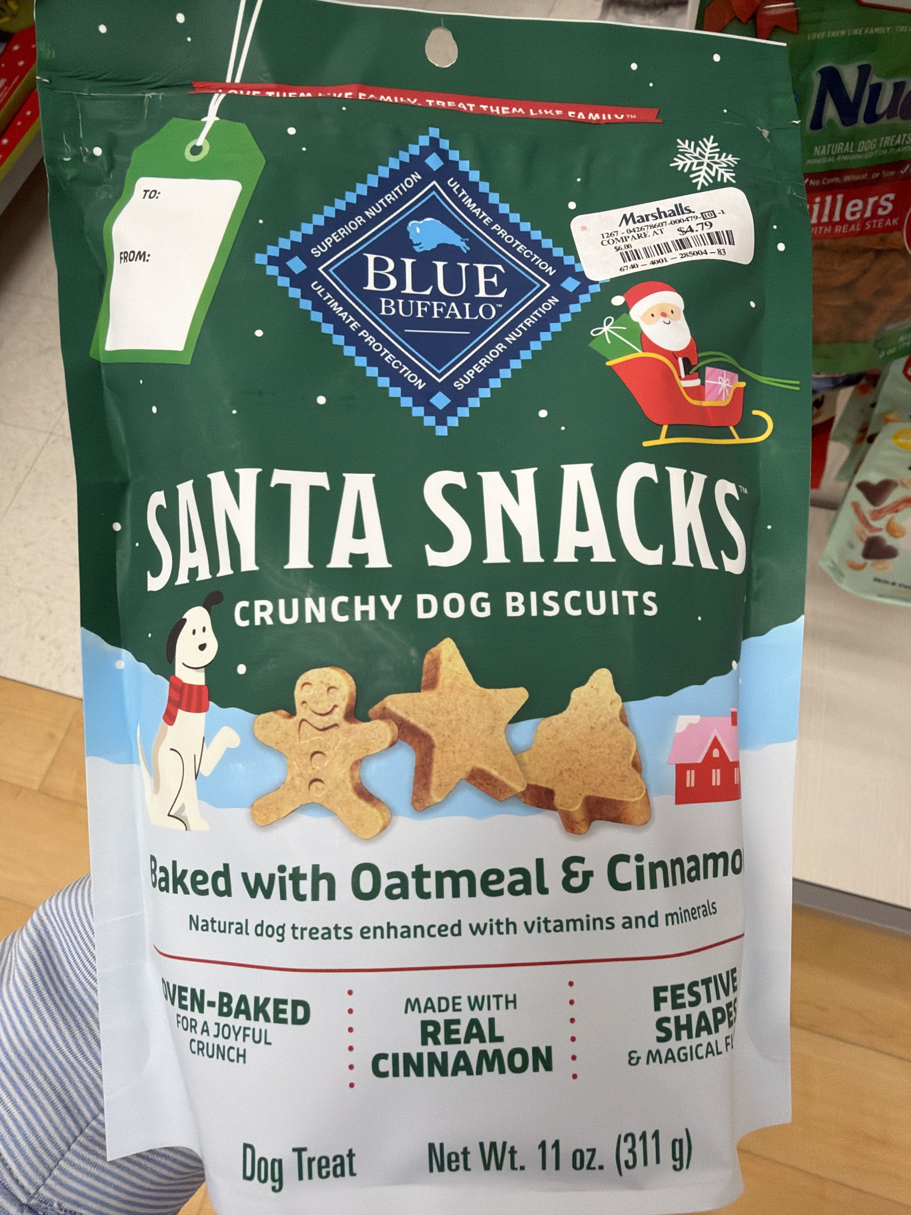 Blue Buffalo Santa Snacks Crunchy Dog Biscuits, front of the package