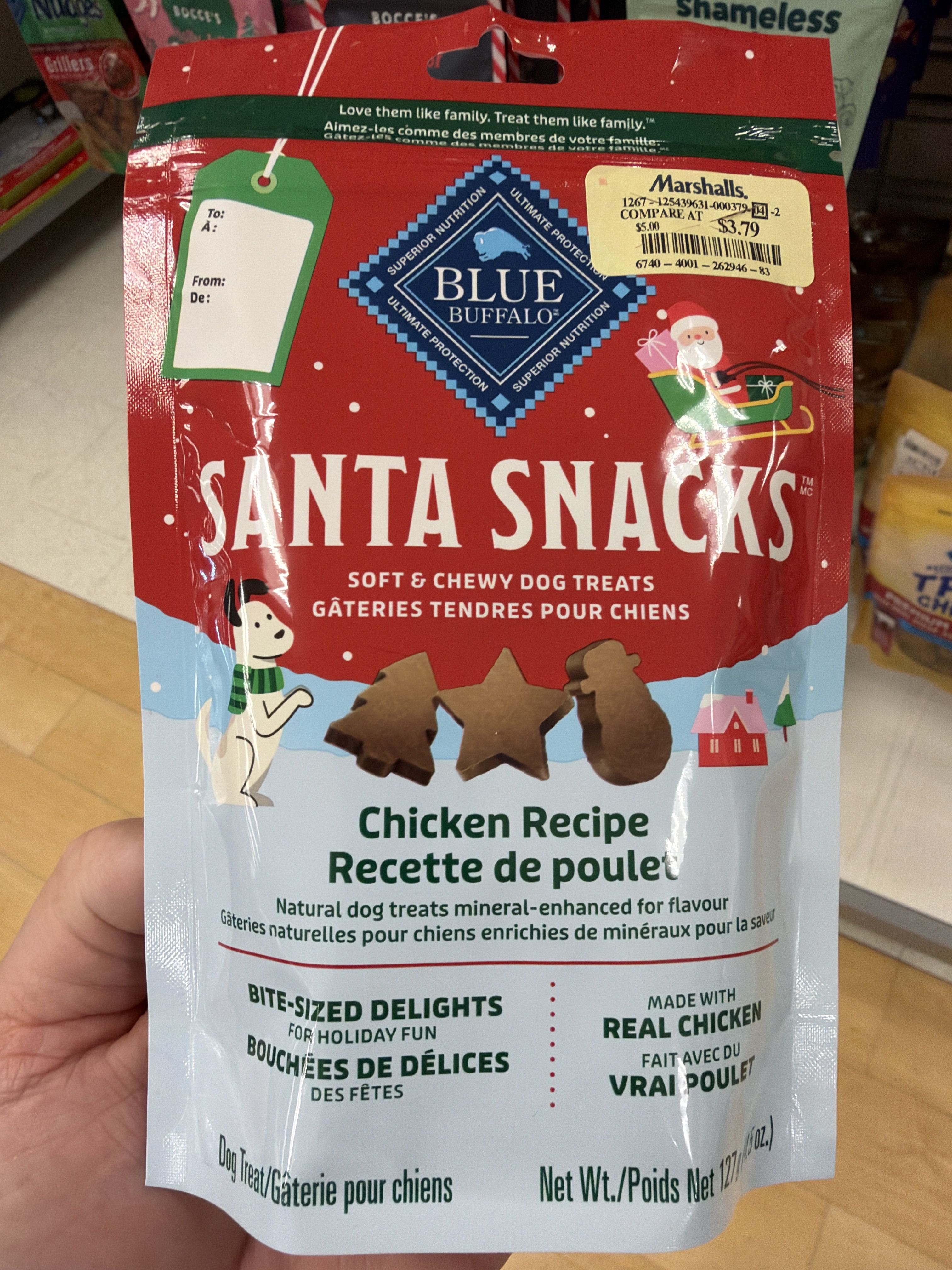 Blue Buffalo Santa Snacks Soft & Chewy Dog Treats Chicken Recipe, front of the package