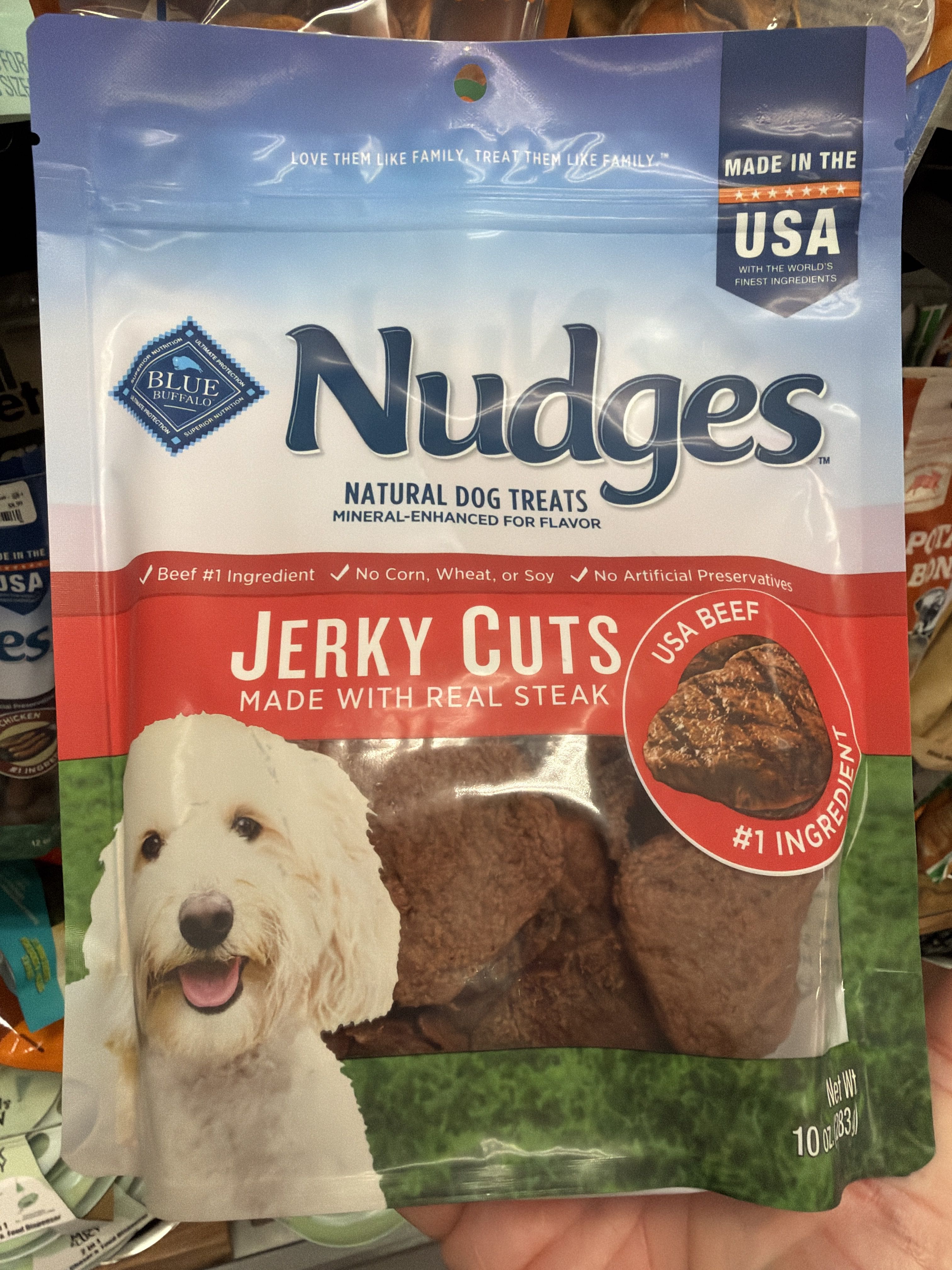 Blue Buffalo Nudges Jerky Cuts Made with Real Steak, front of the package