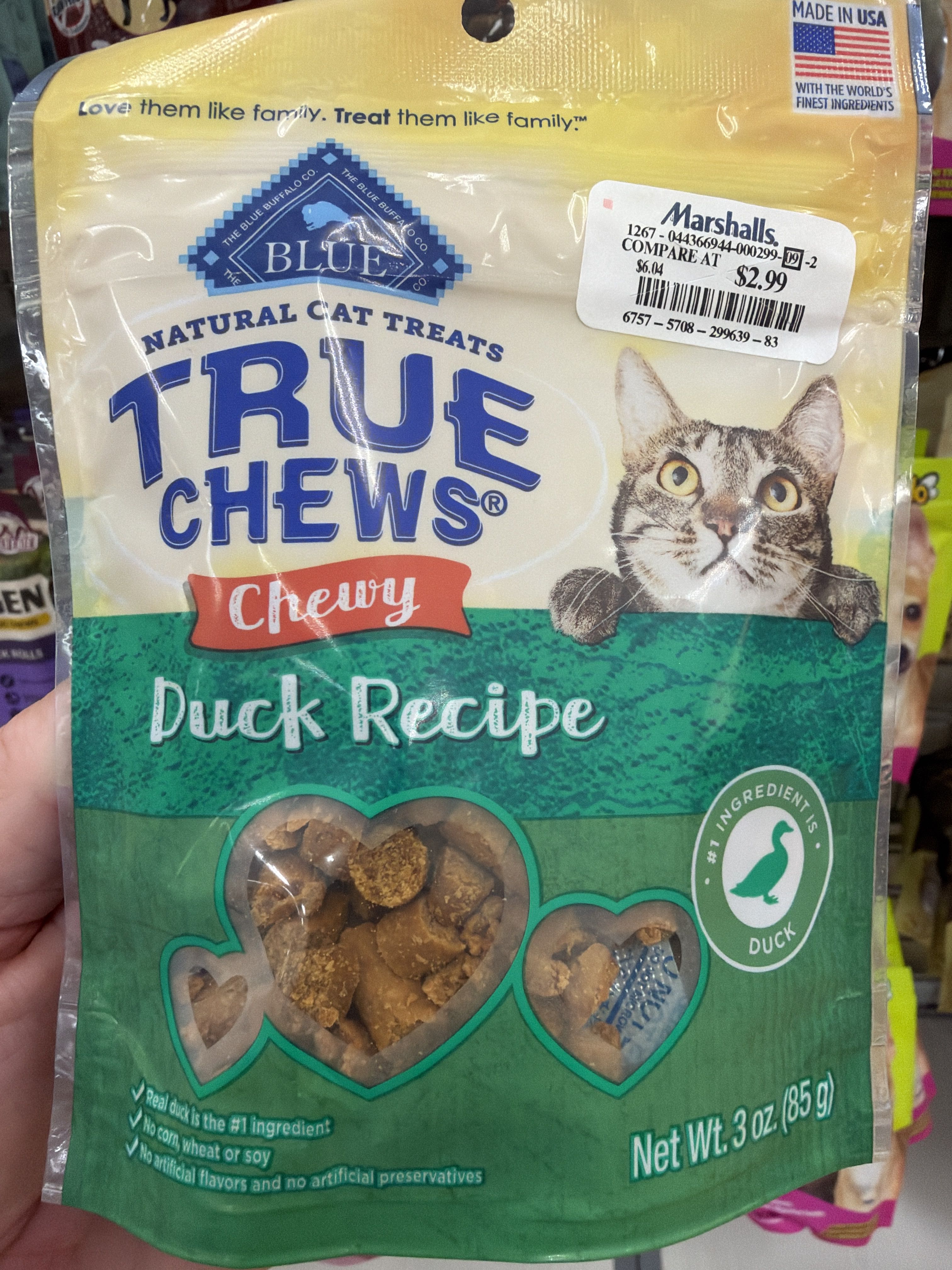 Blue Buffalo True Chews Chewy Duck Recipe Natural Cat Treats, front of the package