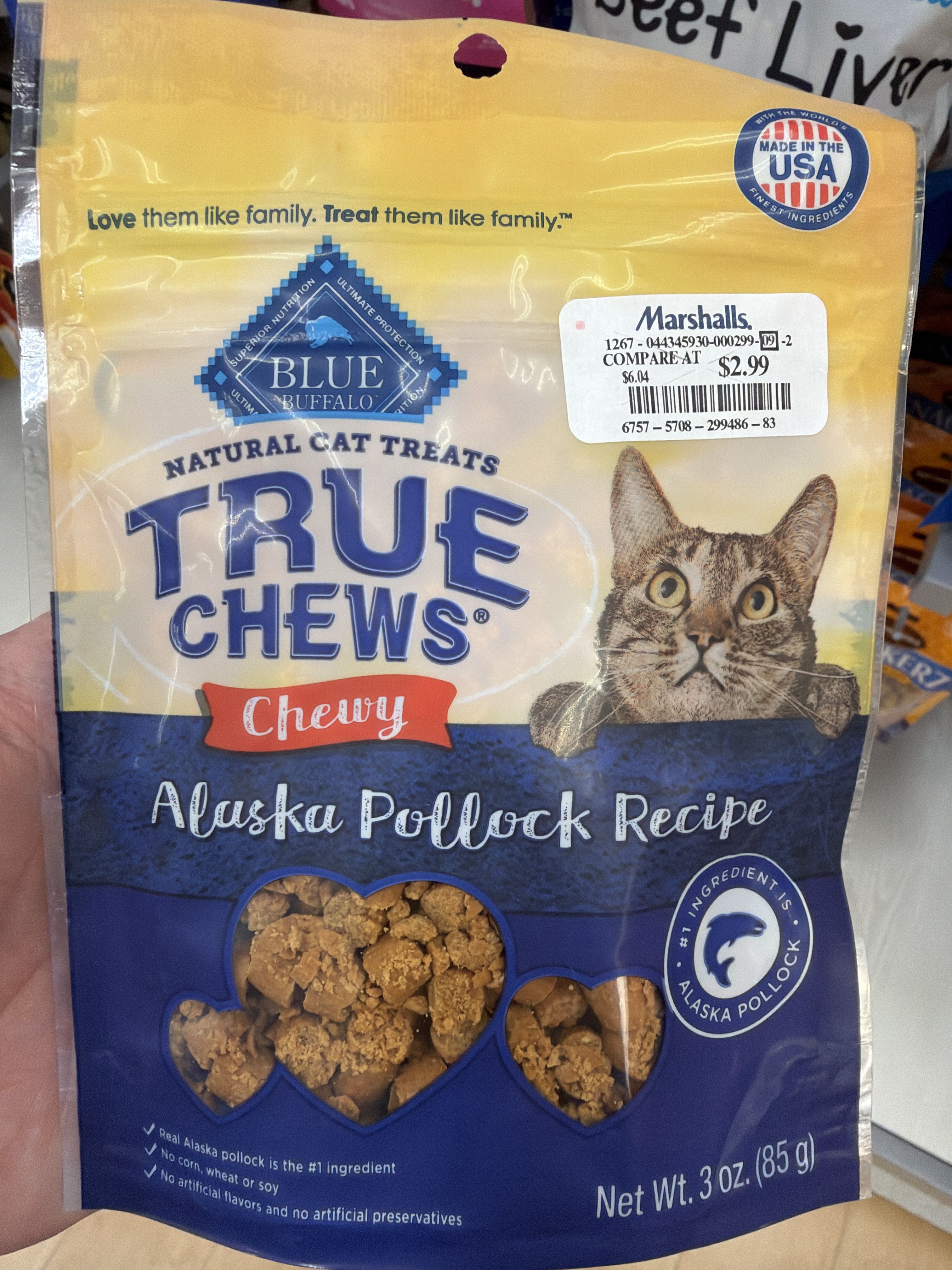 Blue Buffalo True Chews Chewy Alaska Pollock Recipe Natural Cat Treats, front of the package