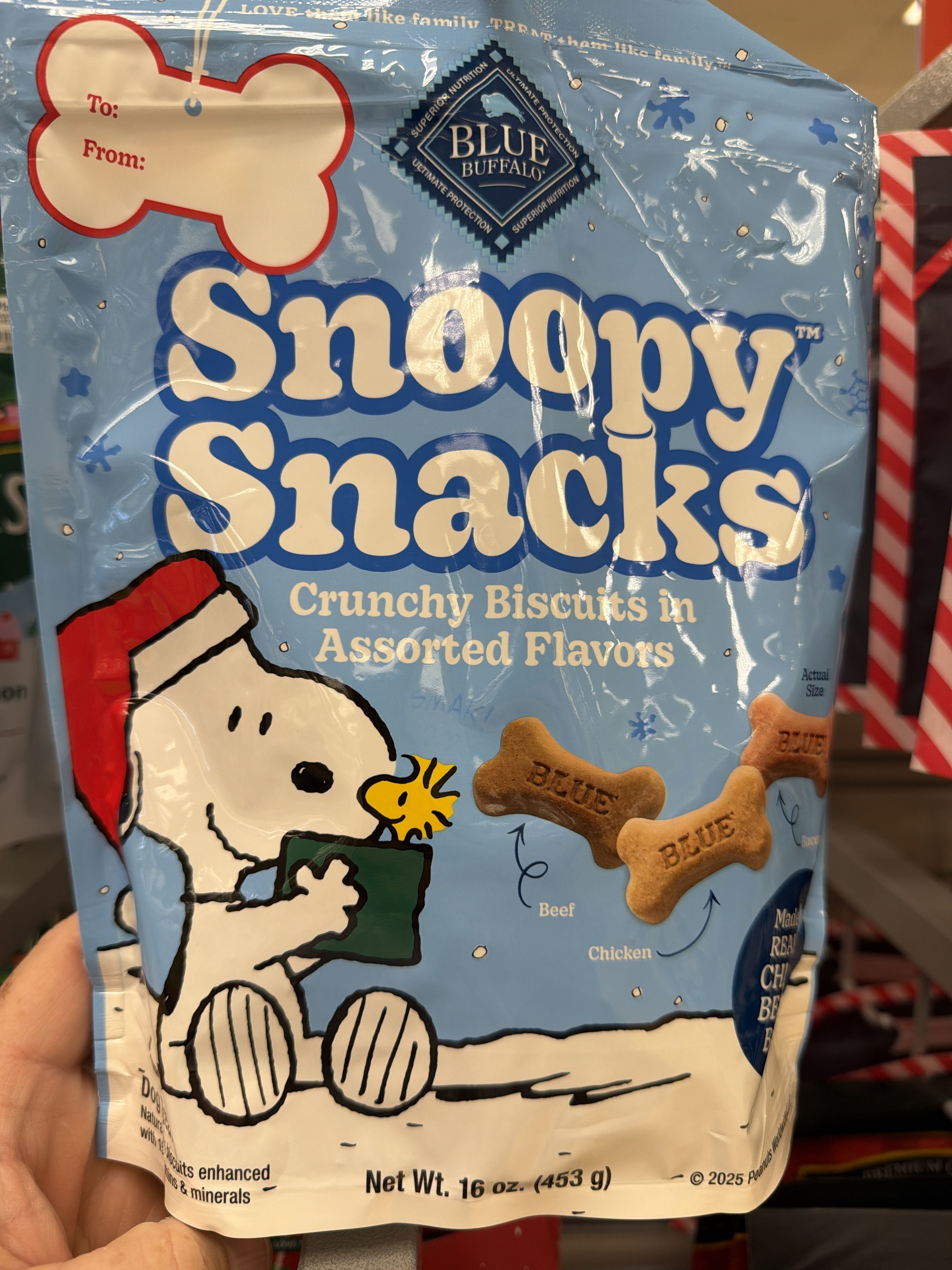 Blue Buffalo Snoopy Snacks Crunchy Biscuits in Assorted Flavors, front of the package