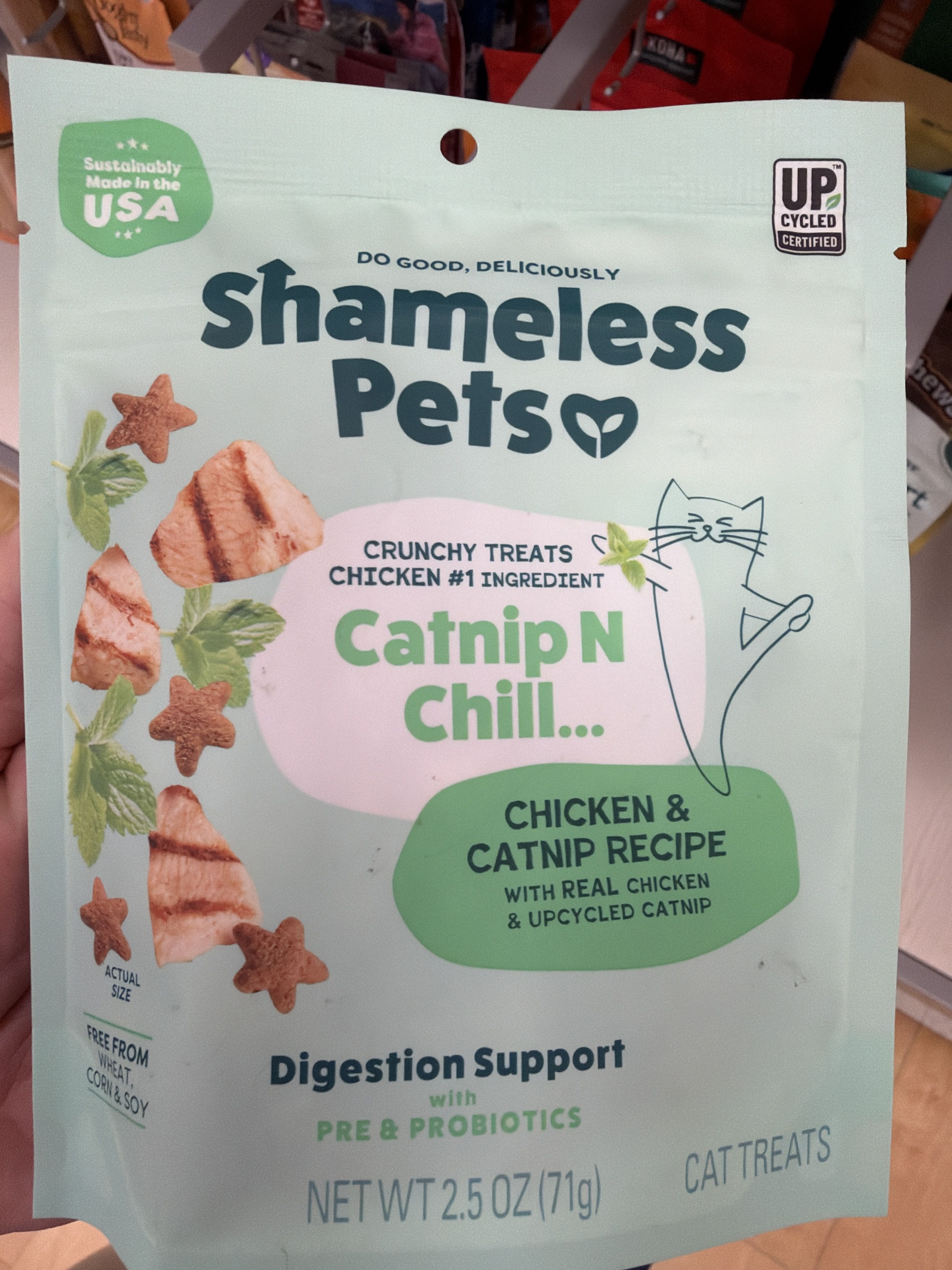 Shameless Pets Catnip N Chill... Chicken & Catnip Recipe Crunchy Treats, front of the package