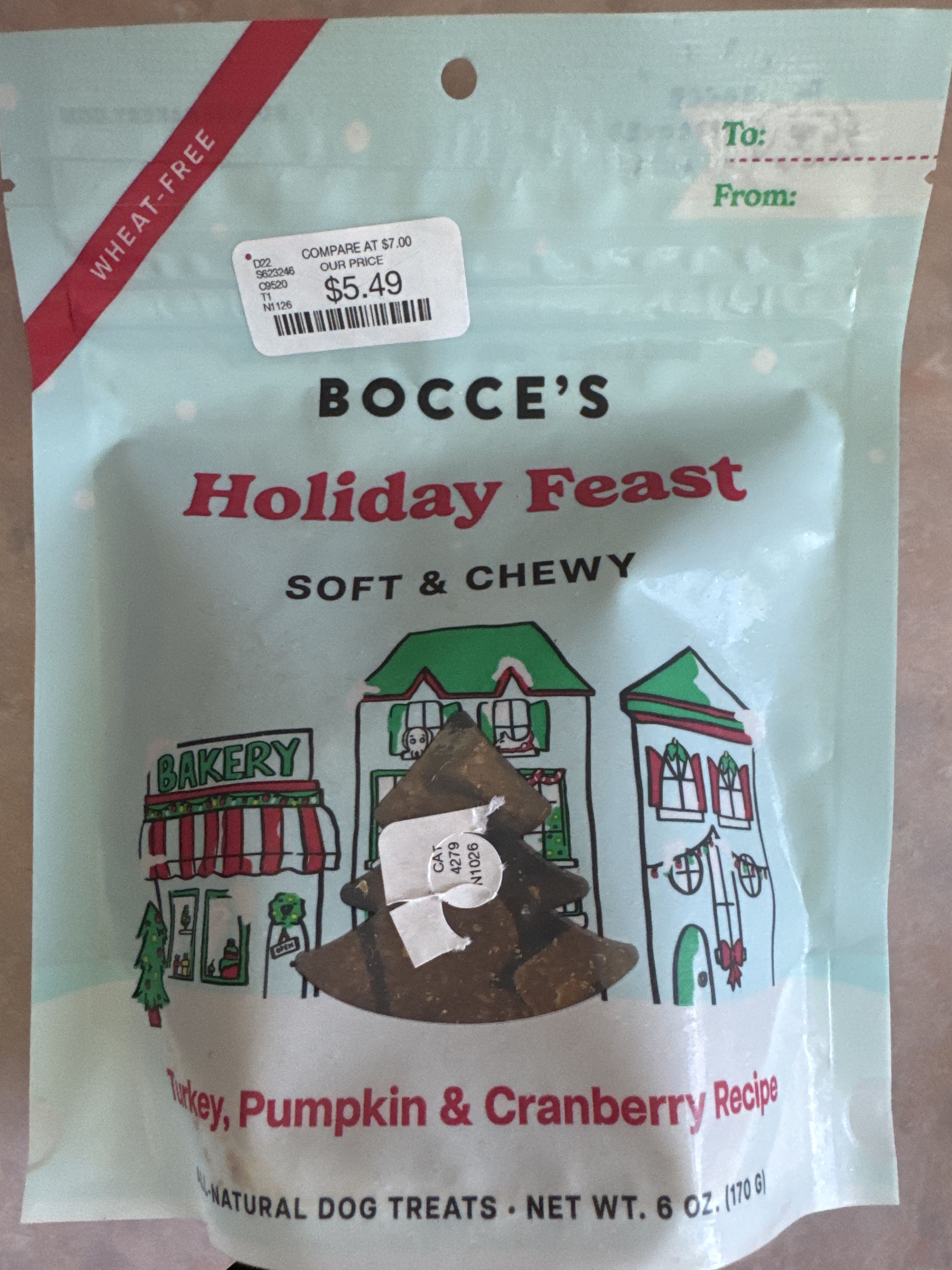 Bocce's Bakery Holiday Feast Soft & Chewy Dog Treats - Turkey, Pumpkin & Cranberry Recipe, front of the package