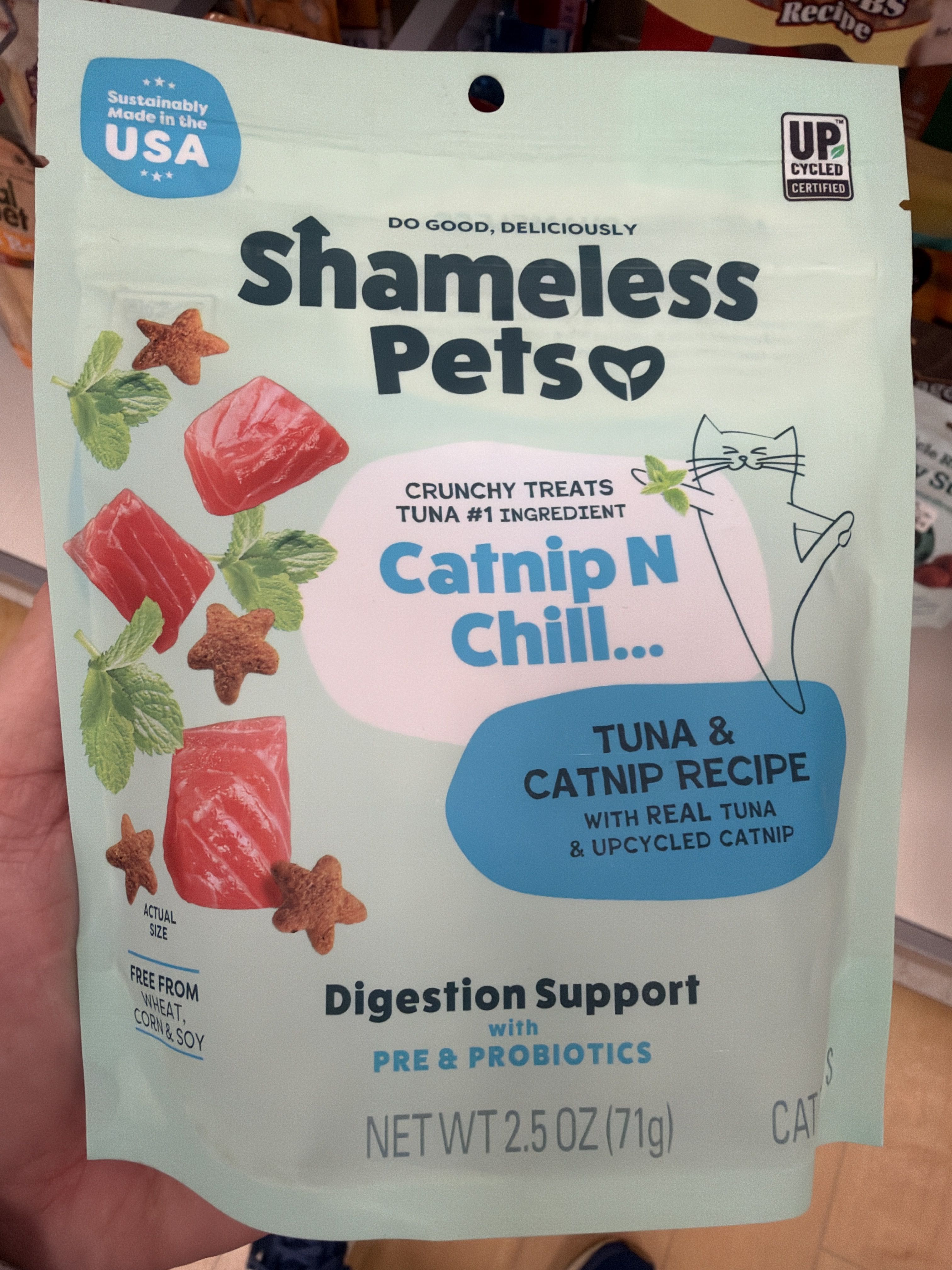 Shameless Pets Catnip N Chill... Tuna & Catnip Recipe Crunchy Treats, front of the package