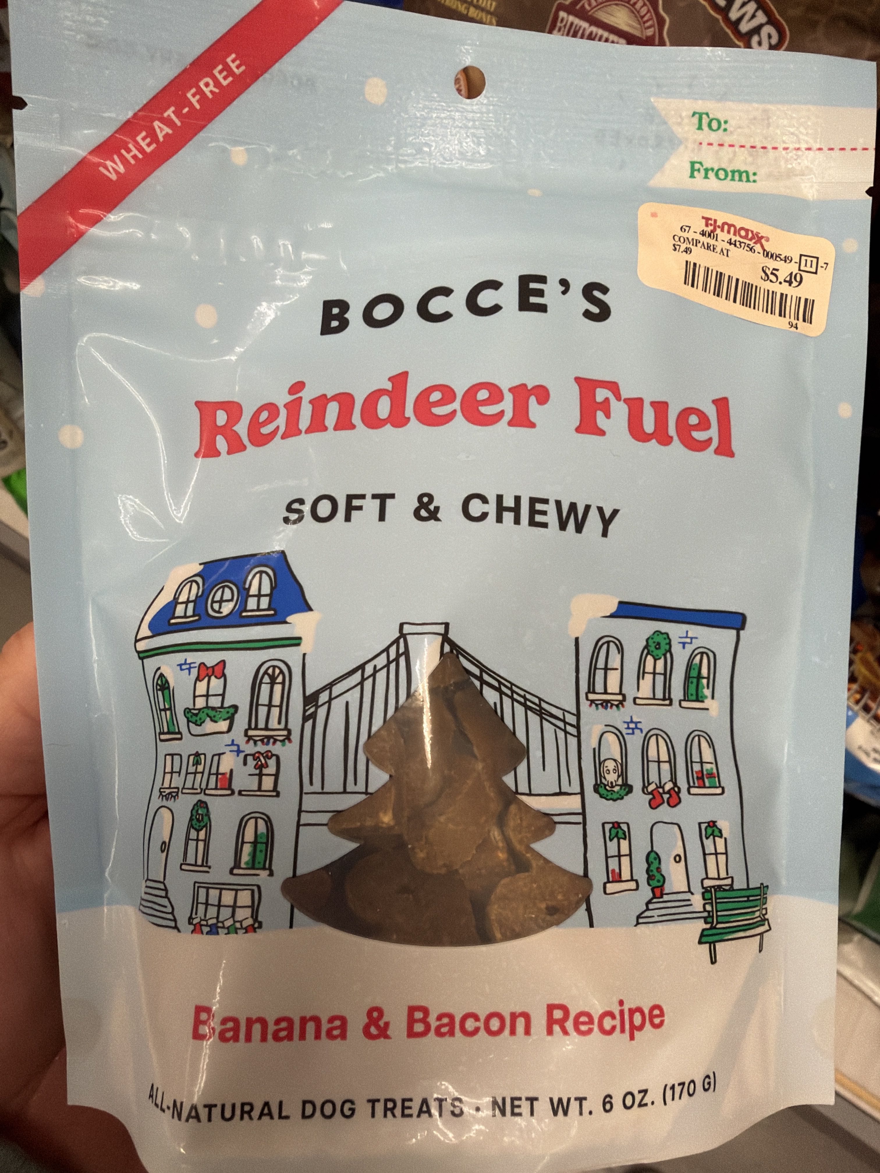 Bocce's Bakery Reindeer Fuel Soft & Chewy Banana & Bacon Recipe, front of the package