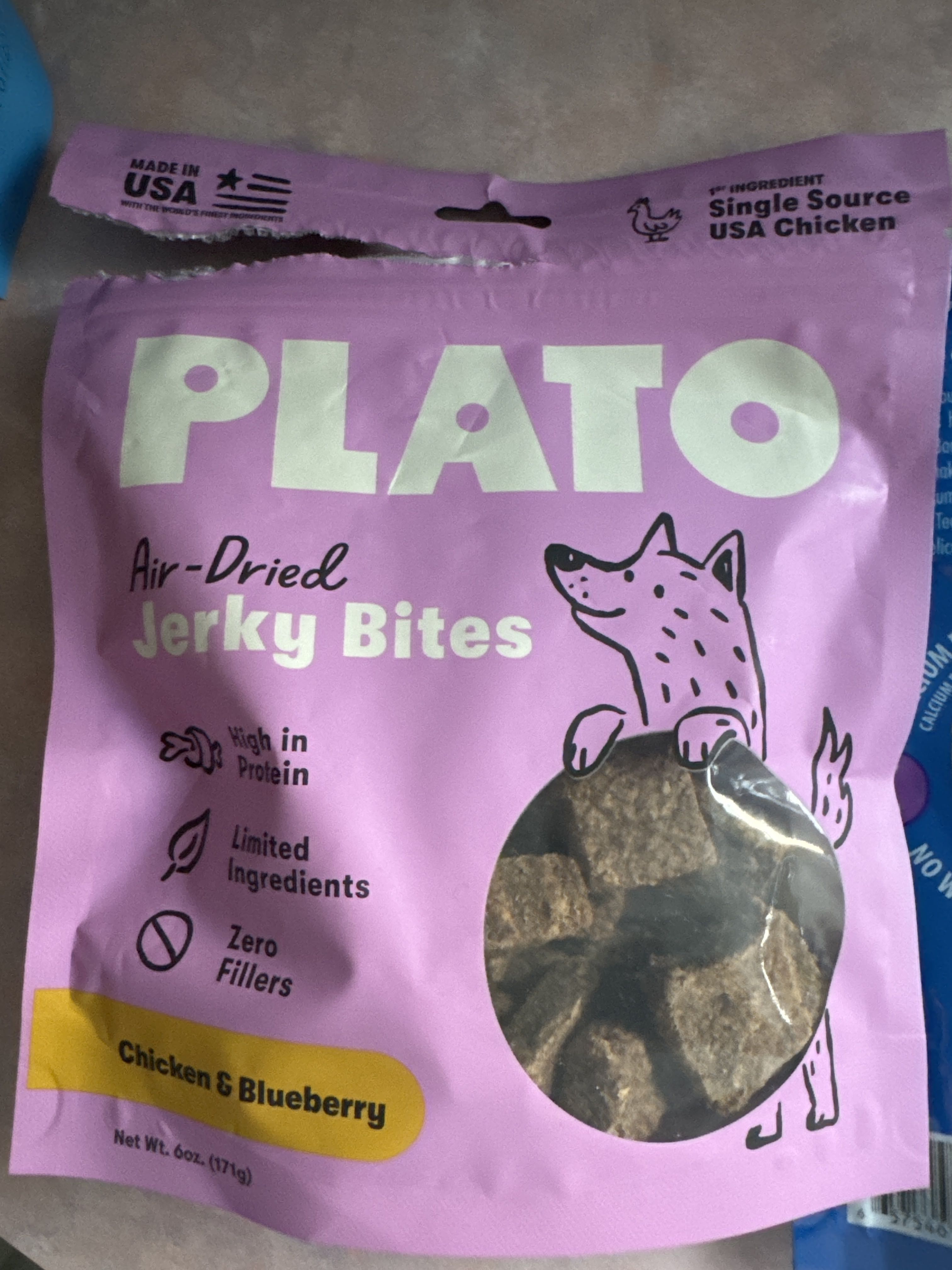 Plato Air-Dried Jerky Bites Chicken & Blueberry, front of the package