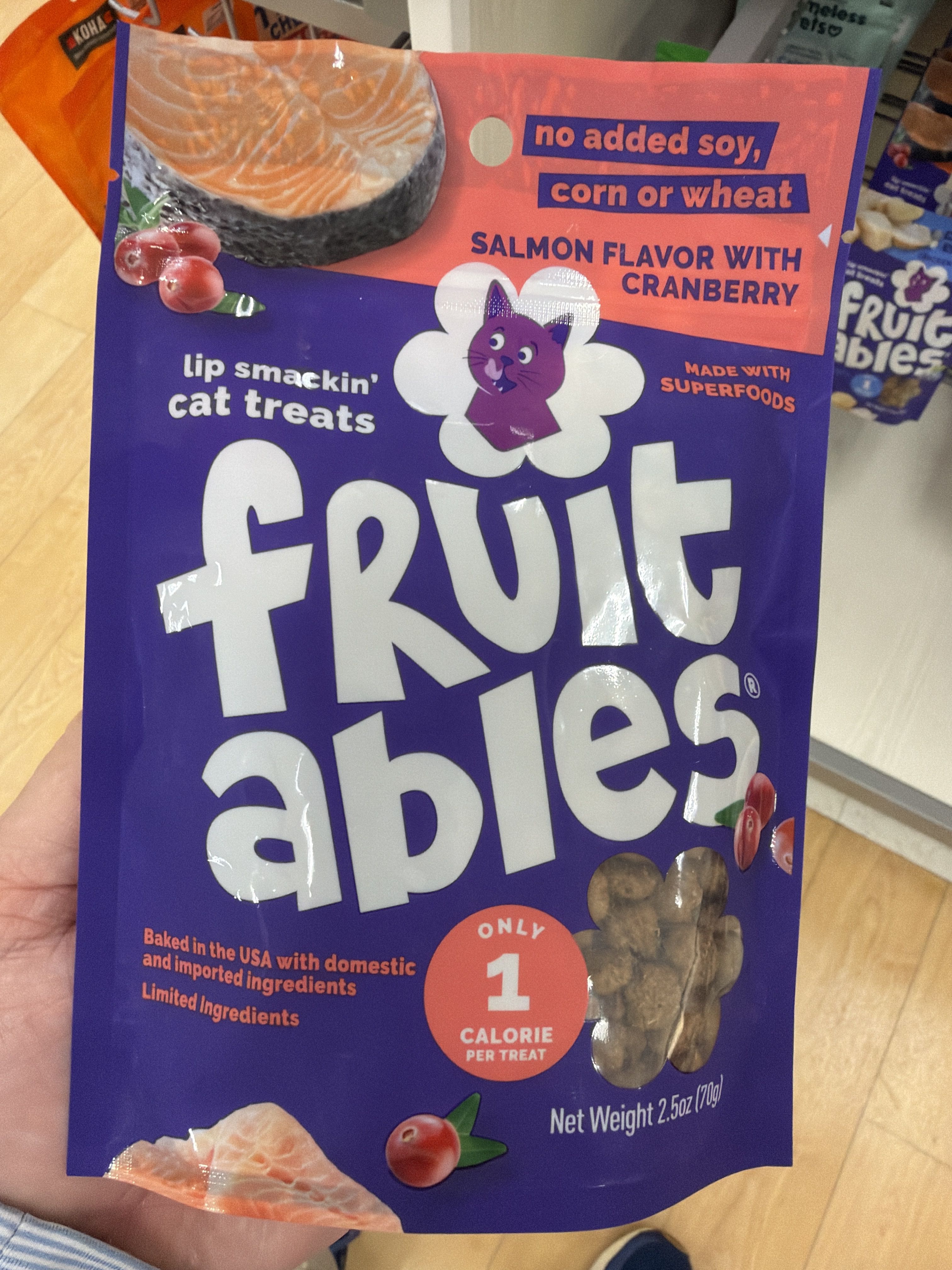Fruitables Lip Smackin' Cat Treats - Salmon Flavor with Cranberry, front of the package