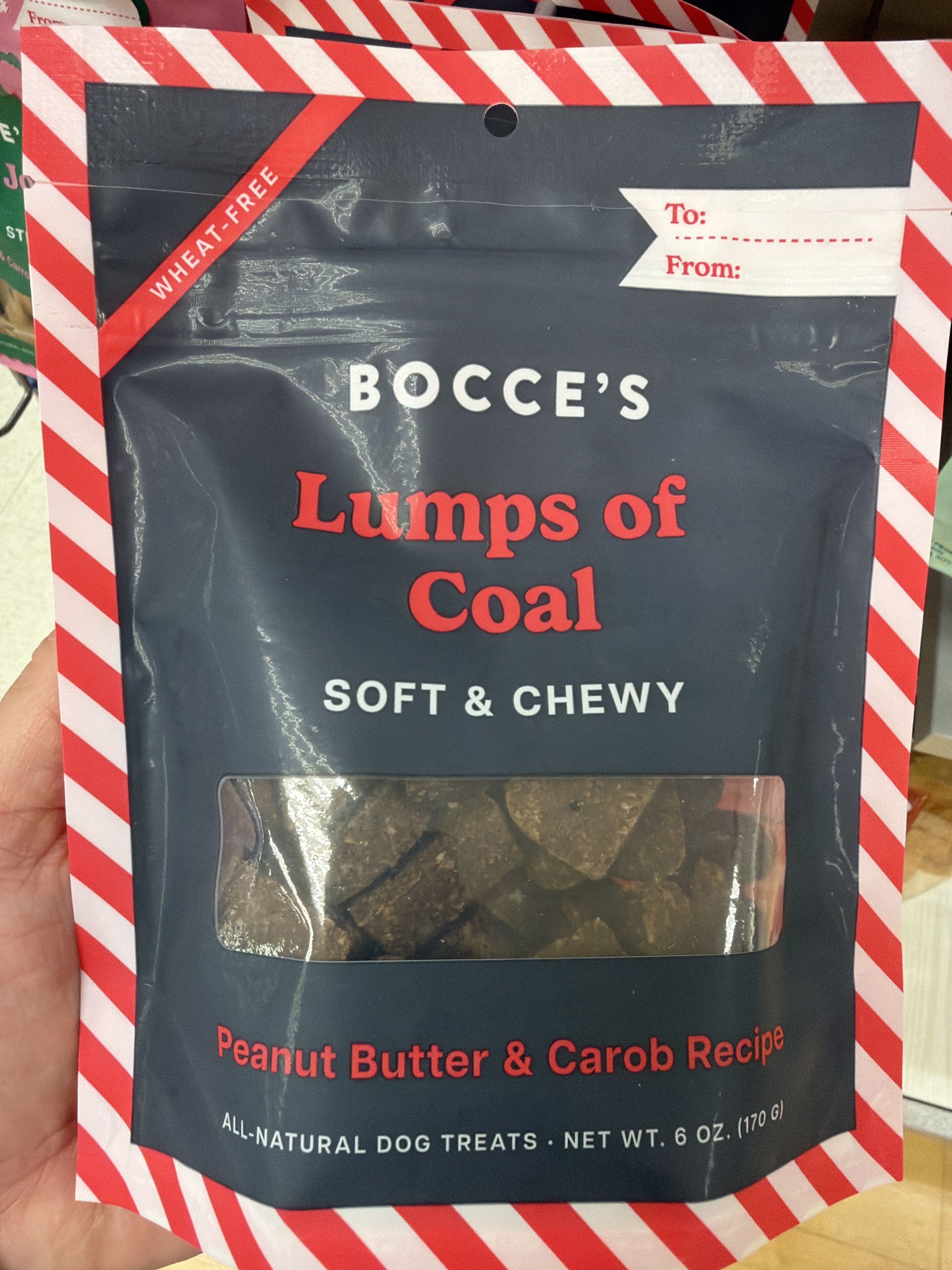 Bocce's Bakery Lumps of Coal Soft & Chewy Peanut Butter & Carob Recipe, front of the package