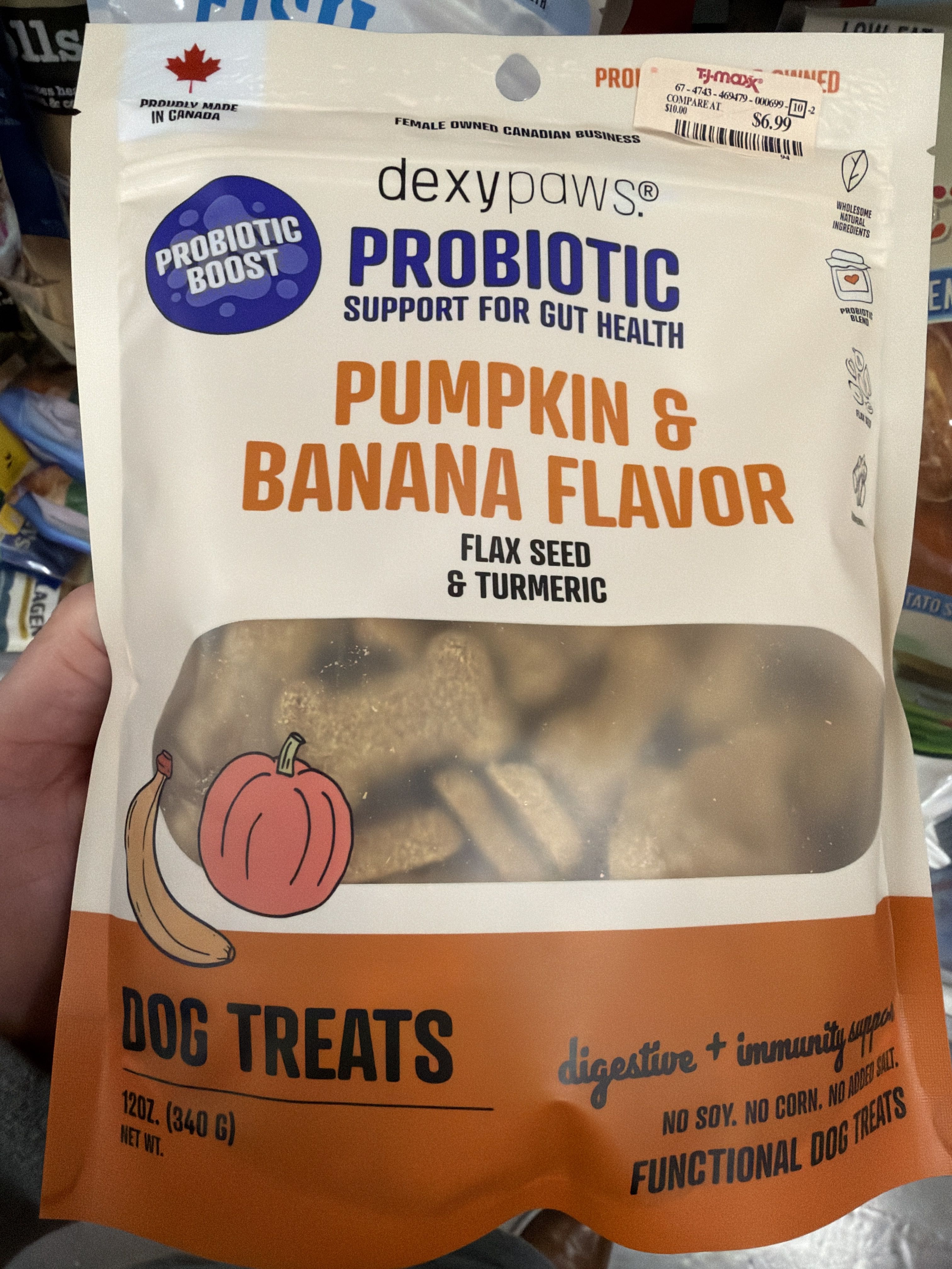 Dexypaws Probiotic Pumpkin & Banana Flavor Dog Treats, front of the package