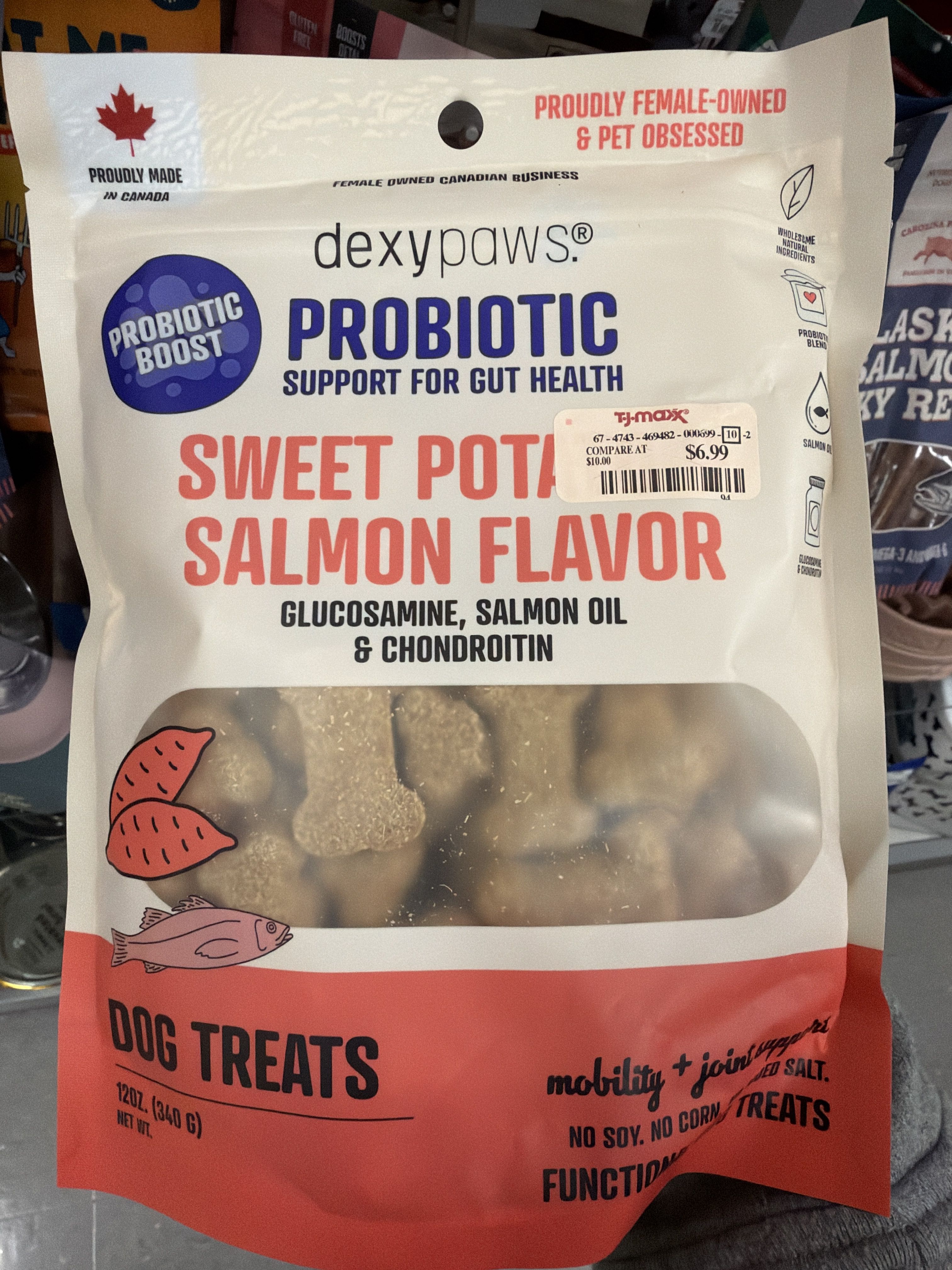 Dexypaws Sweet Potato & Salmon Flavor Probiotic Dog Treats, front of the package